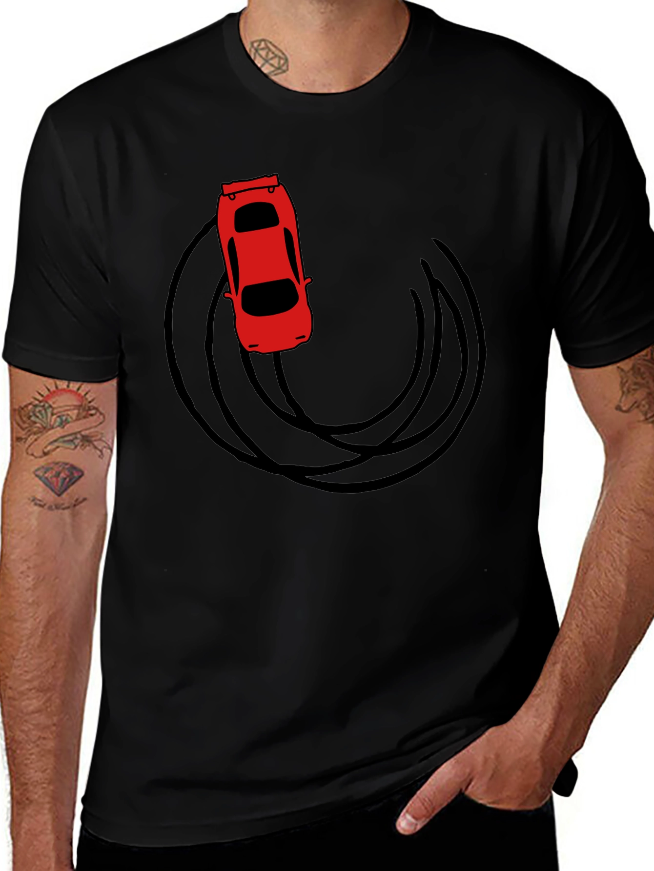 Variant 18 of Red Car Drift Graphic T-Shirt - Black Cotton Tee