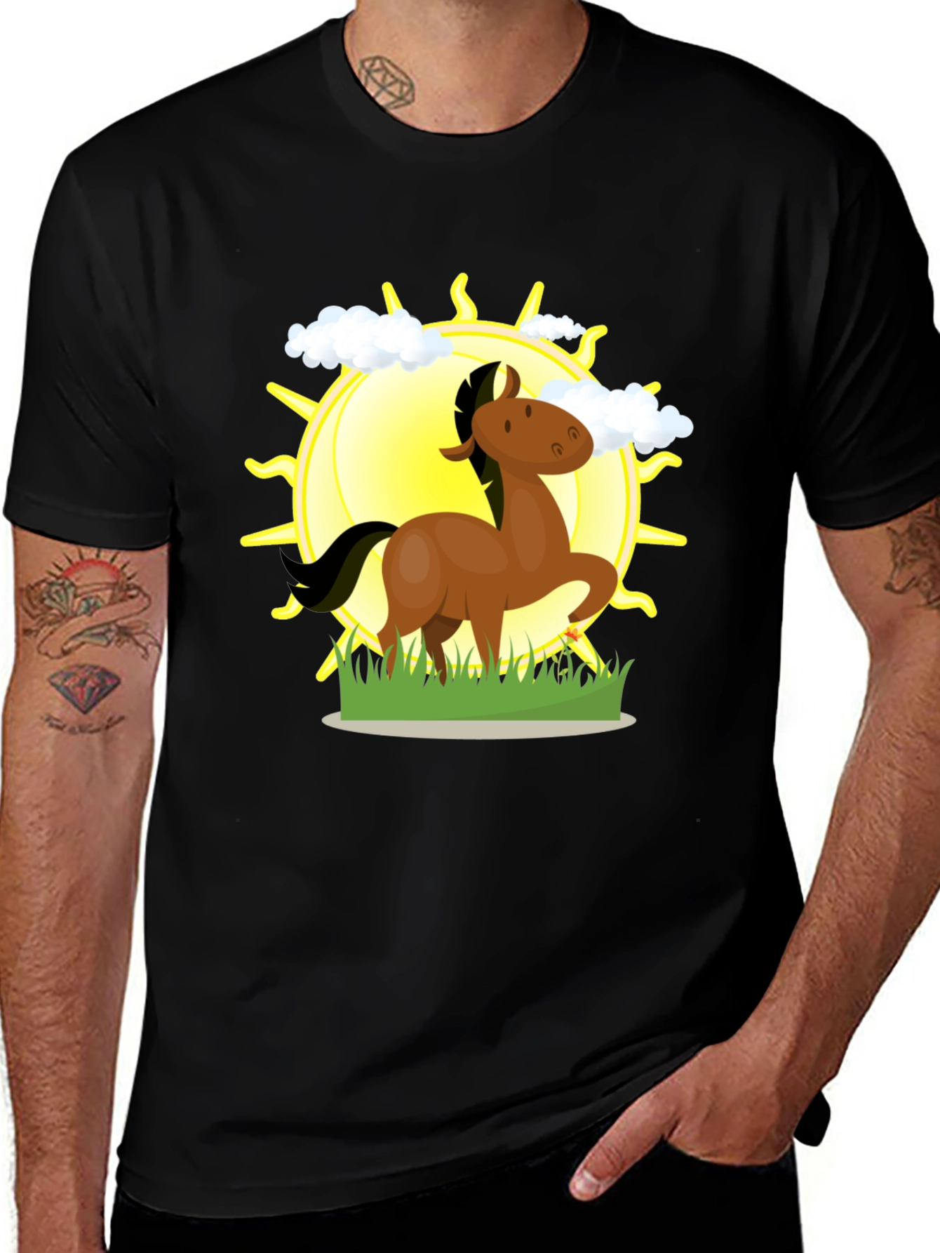 Variant 6 of Cartoon Horse & Sun Graphic Black T-Shirt
