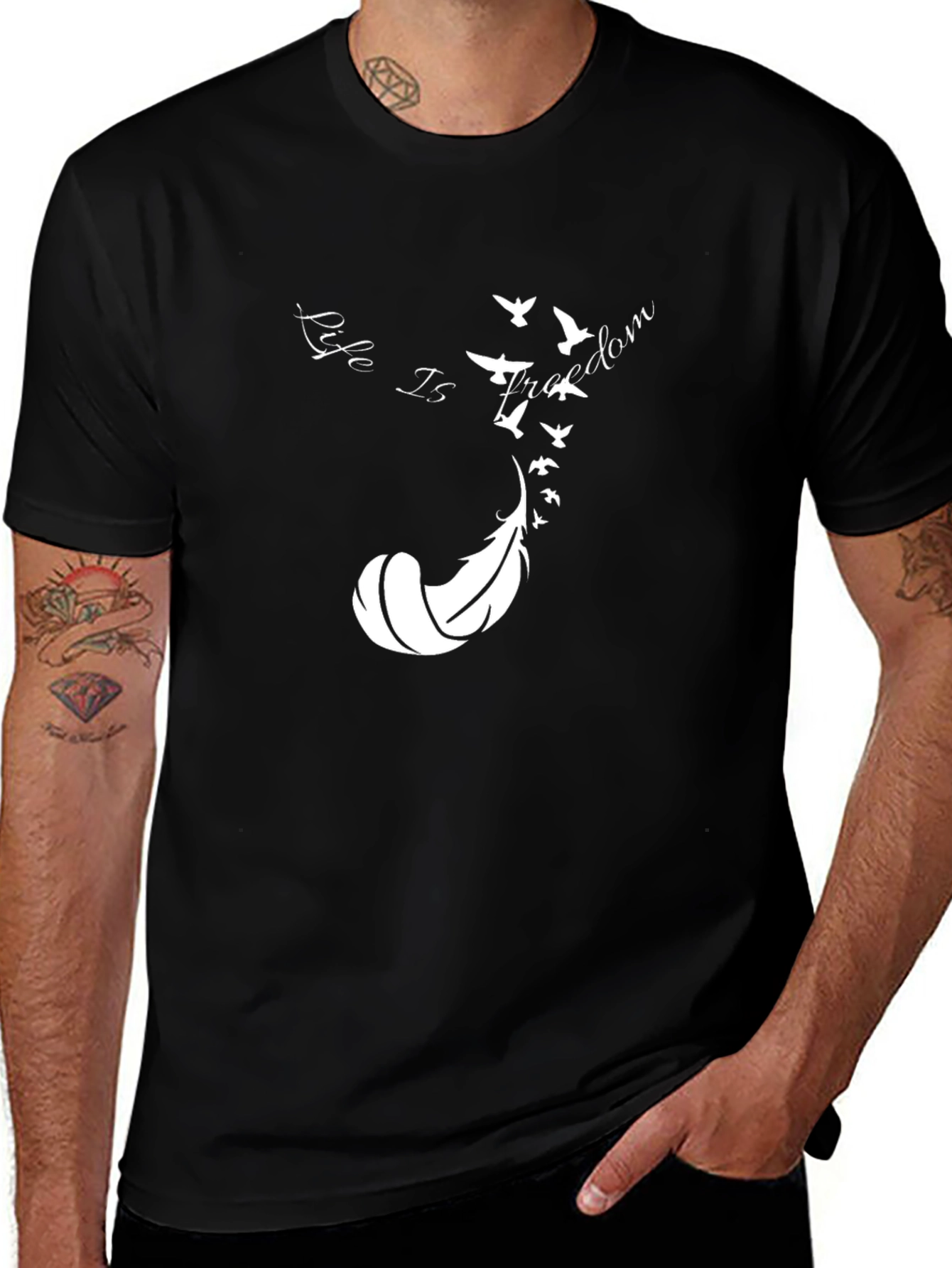 Variant 3 of Feather & Birds Graphic Black T-Shirt