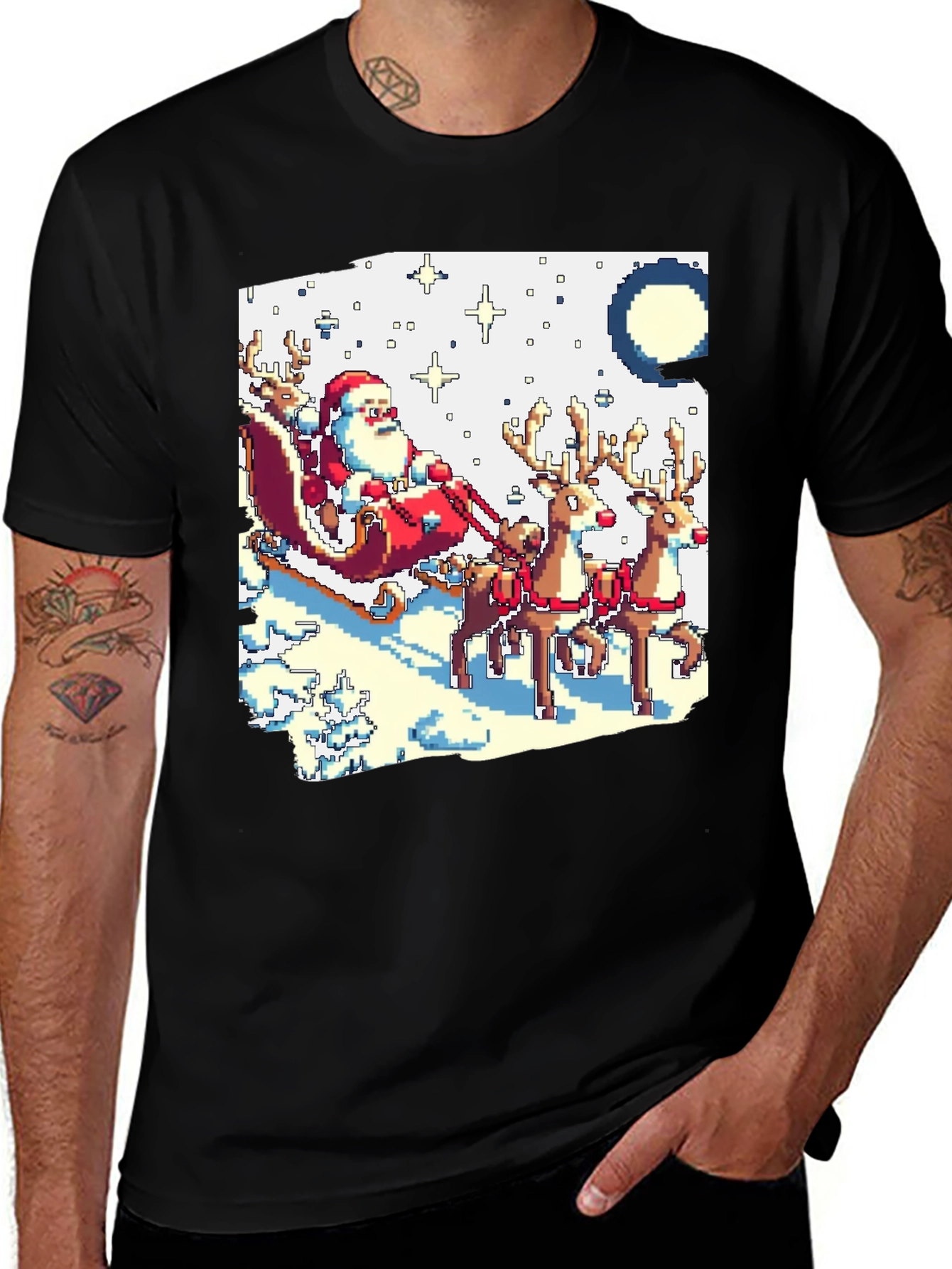 Retro Santa Sleigh Ride T-Shirt - Pixel Art Holiday Tee