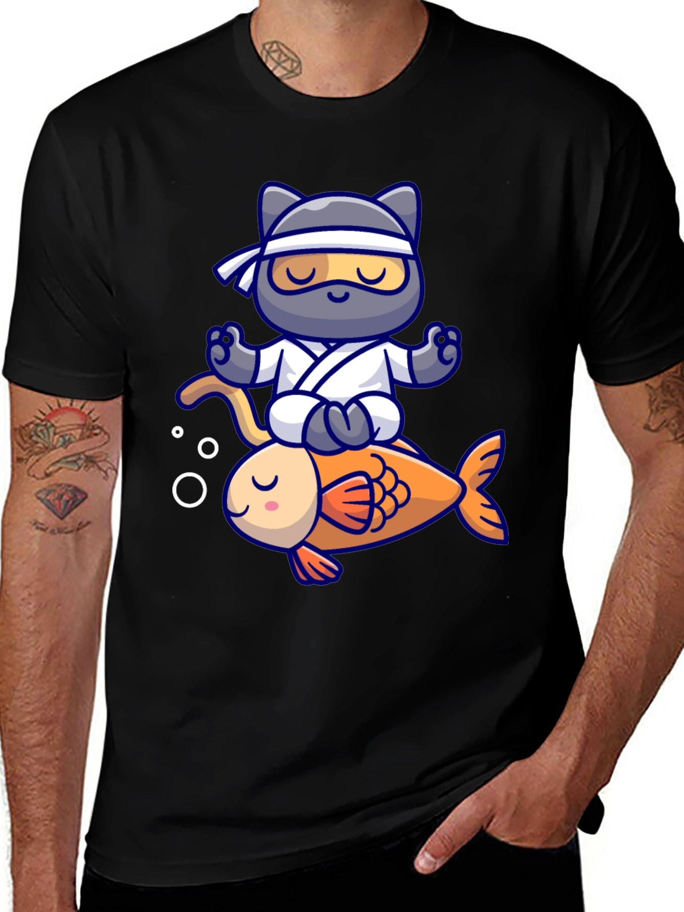 Variant 20 of Ninja Cat Riding Fish Graphic Tee - Zen Master Style