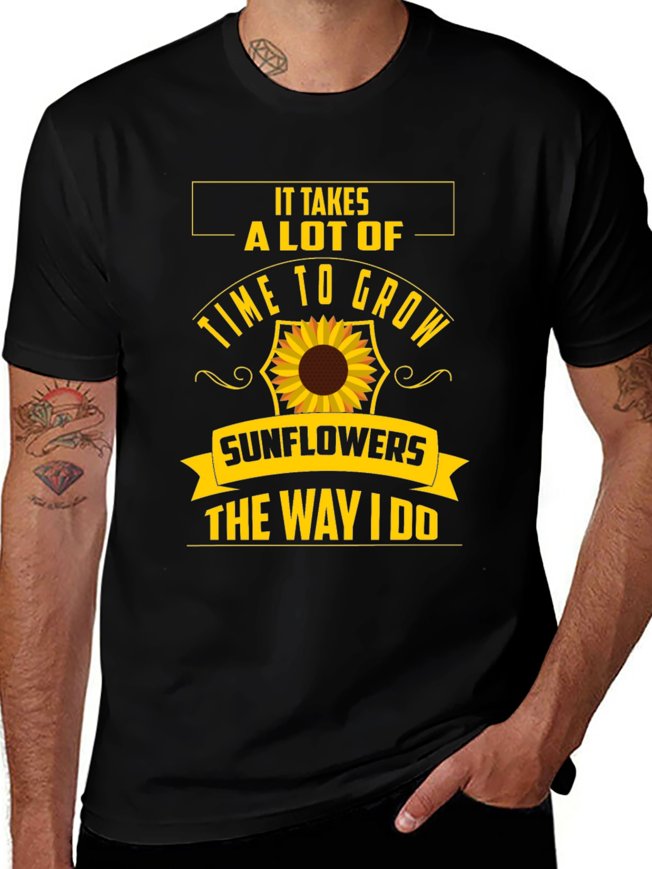 Sunflower Gardener Black T-Shirt - It Takes Time to Grow