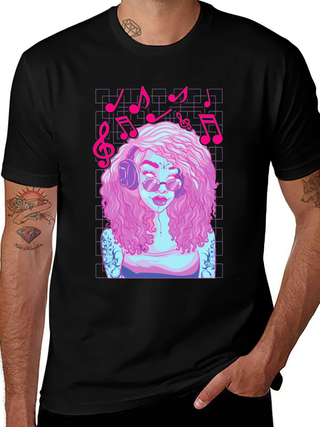 Variant 14 of Music Lover Graphic Tee - Pink Hair, Headphones, Cool Design