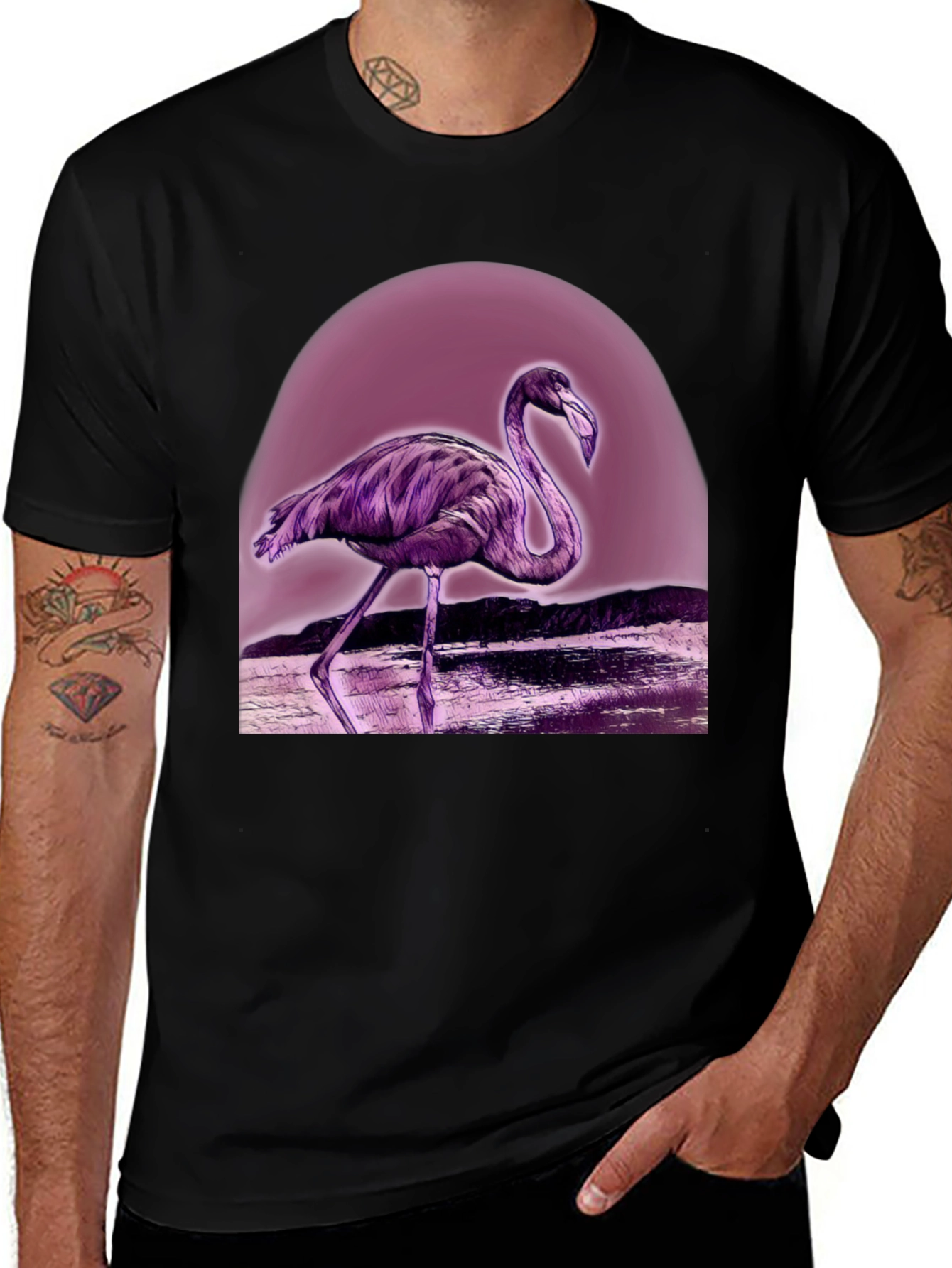 Variant 18 of Pink Flamingo Graphic Tee - Men's Black T-Shirt