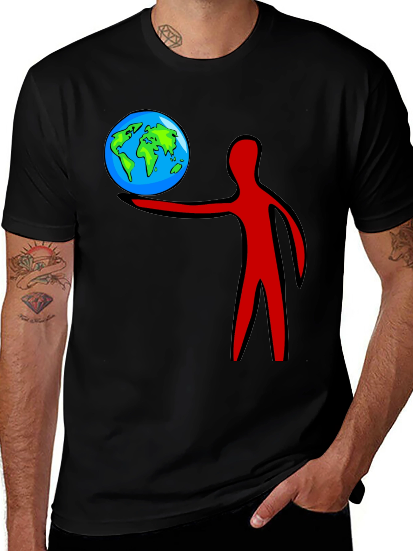 Variant 23 of Man's Black Graphic T-Shirt - World in Hand