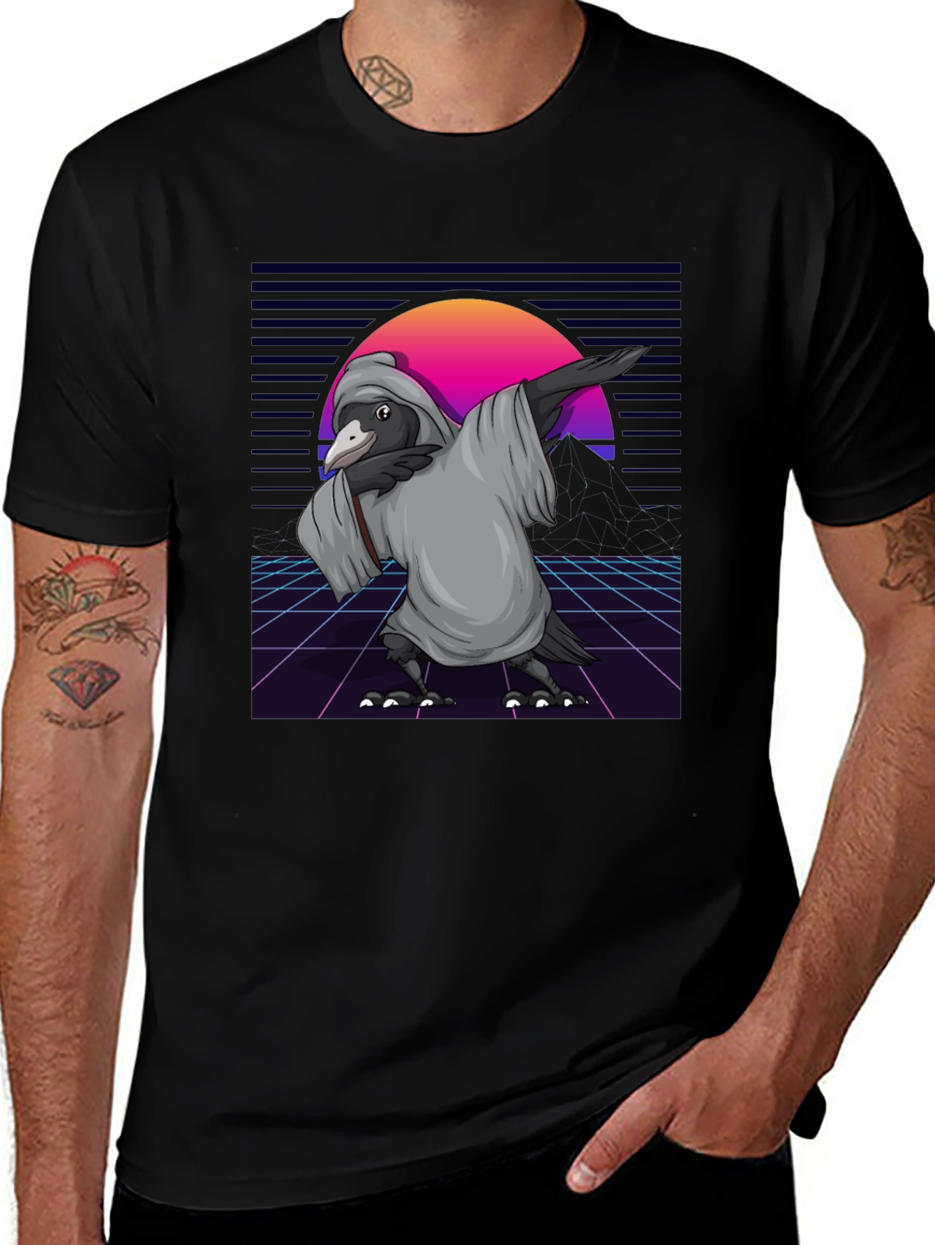 Variant 3 of Retro Dabbing Crow T-Shirt - Synthwave Style