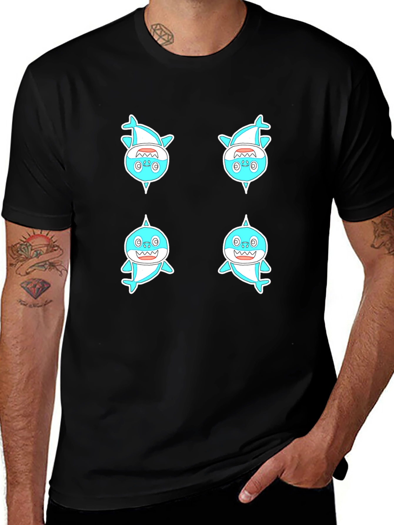 Cute Shark Pattern Men's Black T-Shirt