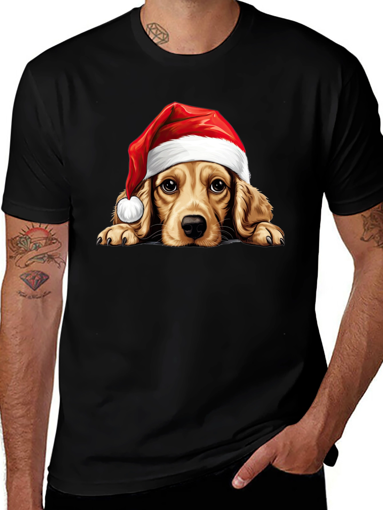 Variant 27 of Cute Dog in Santa Hat Black T-Shirt