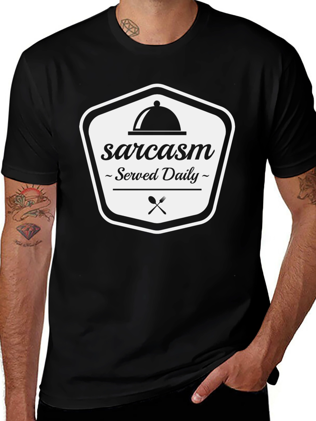 Variant 2 of Sarcasm Served Daily Black Graphic Tee Shirt