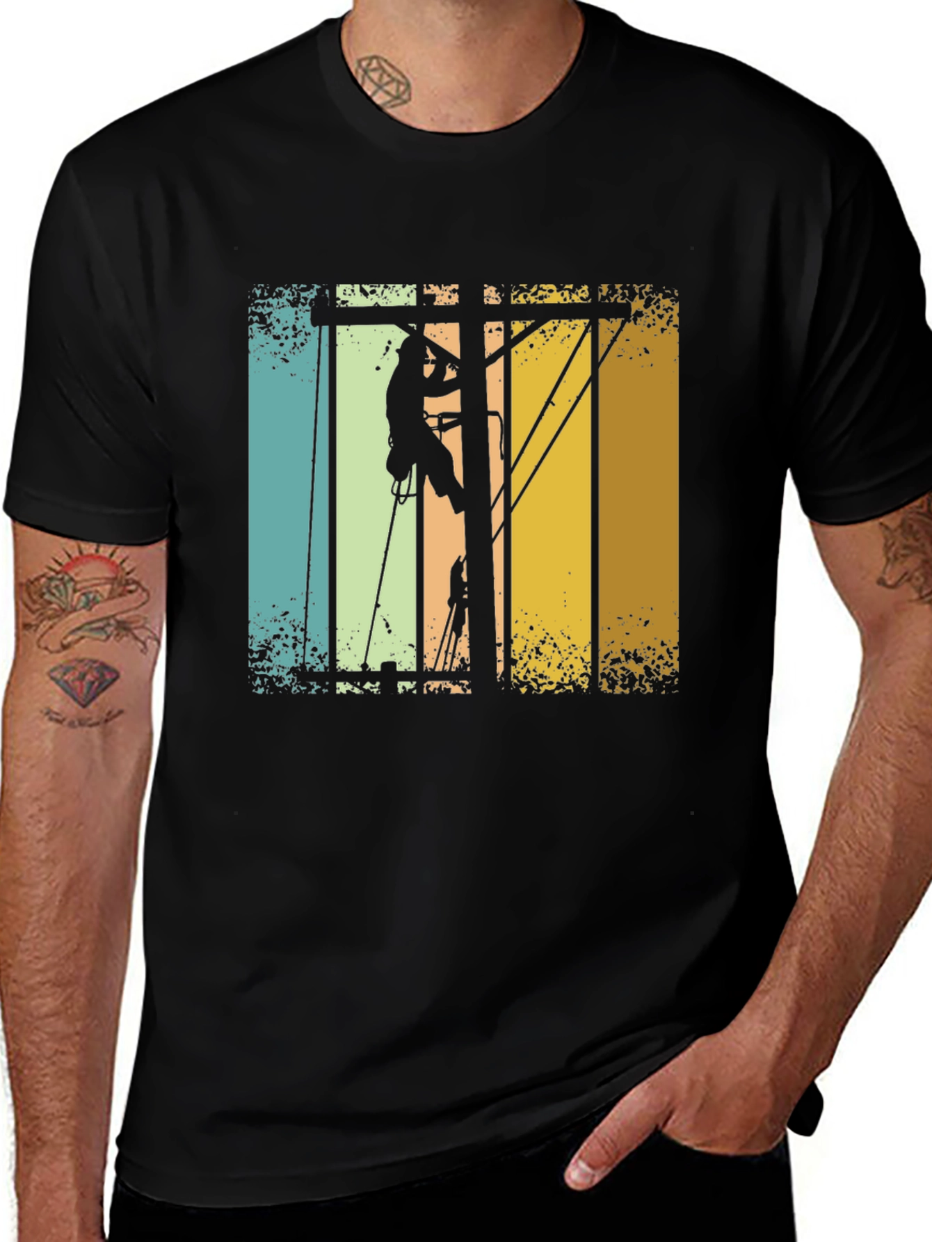 Variant 6 of Lineman Retro T-Shirt - Electrician Climbing Pole Tee