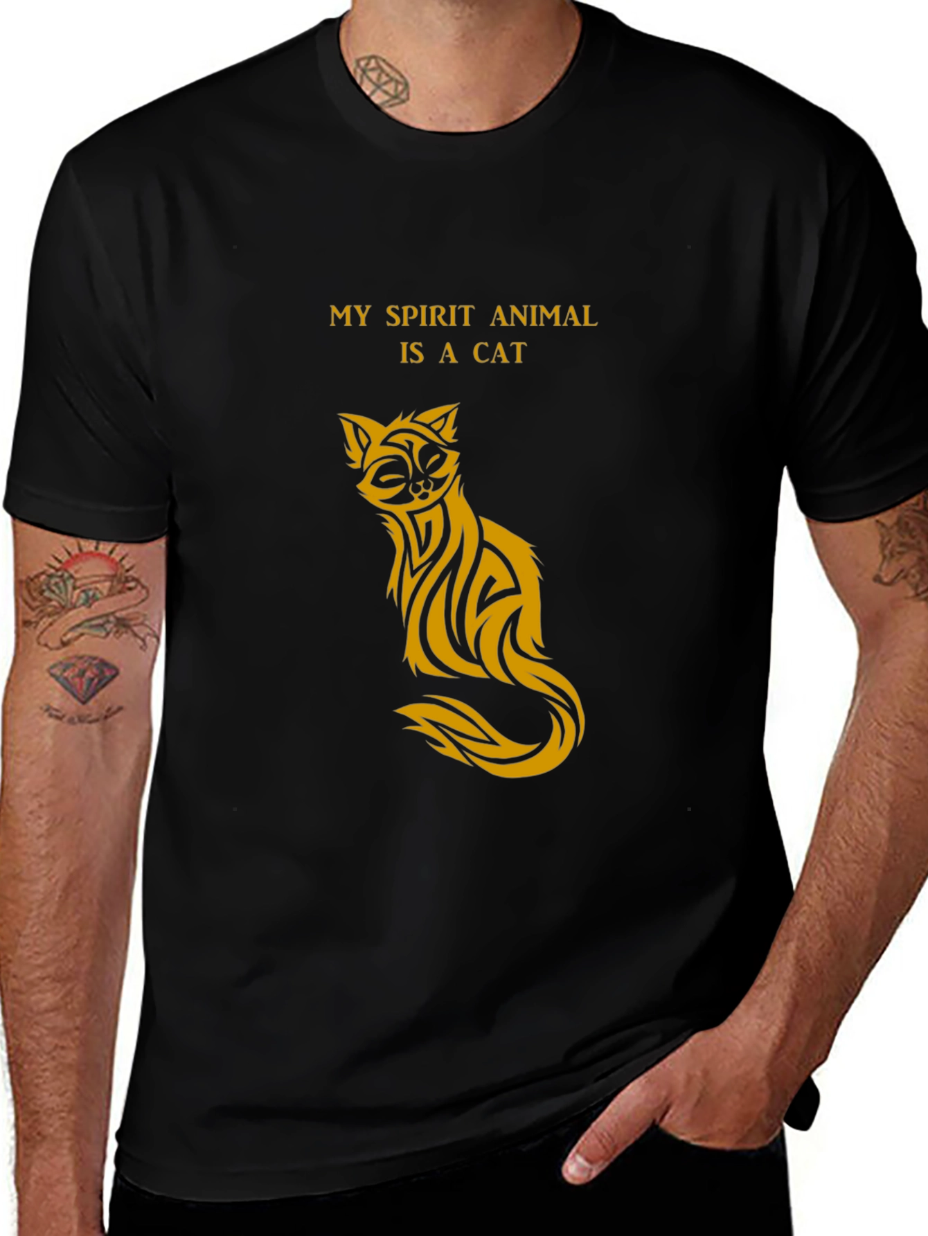 Variant 18 of Spirit Animal Cat Graphic Tee - Black Cotton Casual Shirt