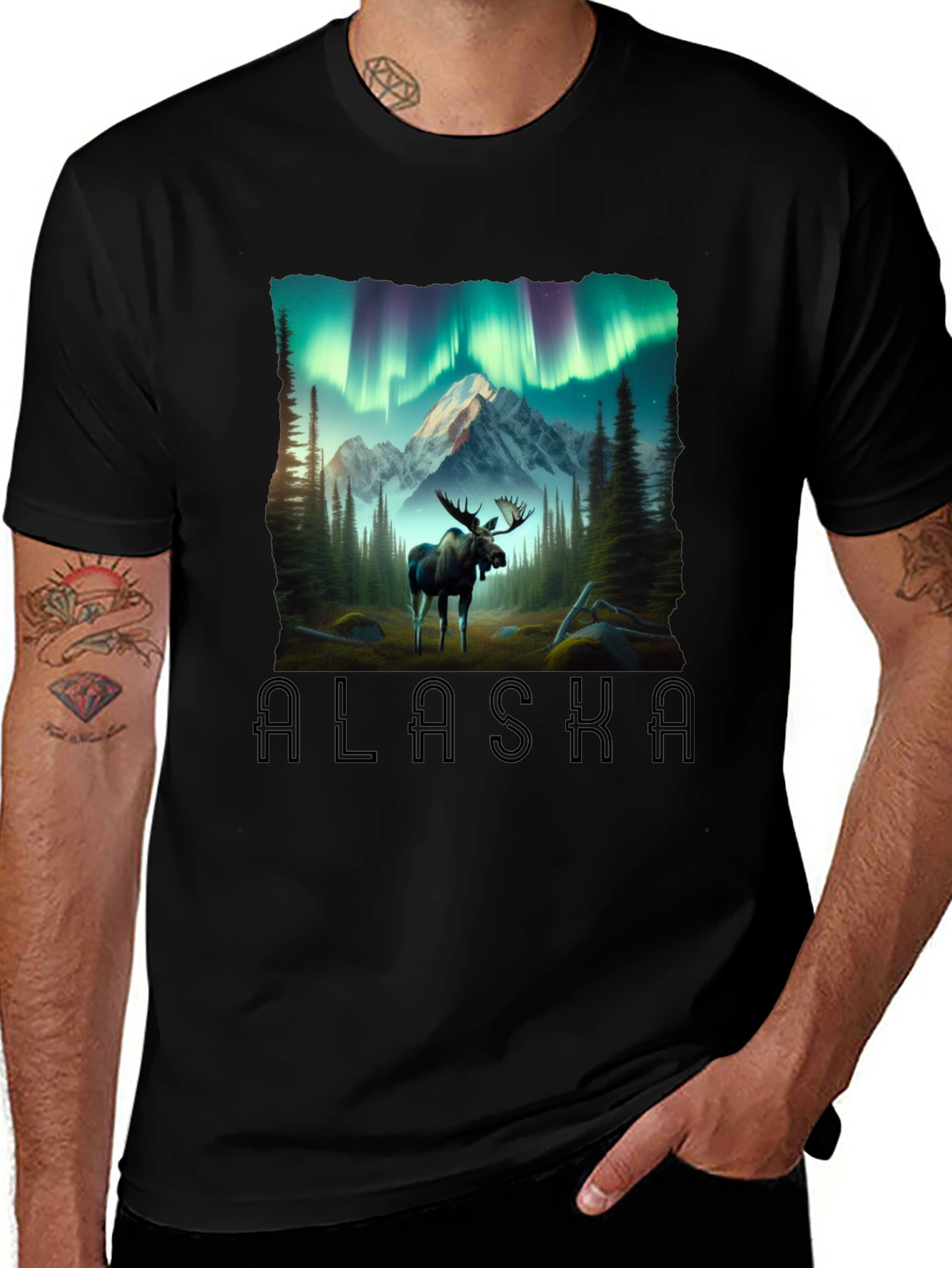 Alaska Moose & Northern Lights Graphic T-Shirt