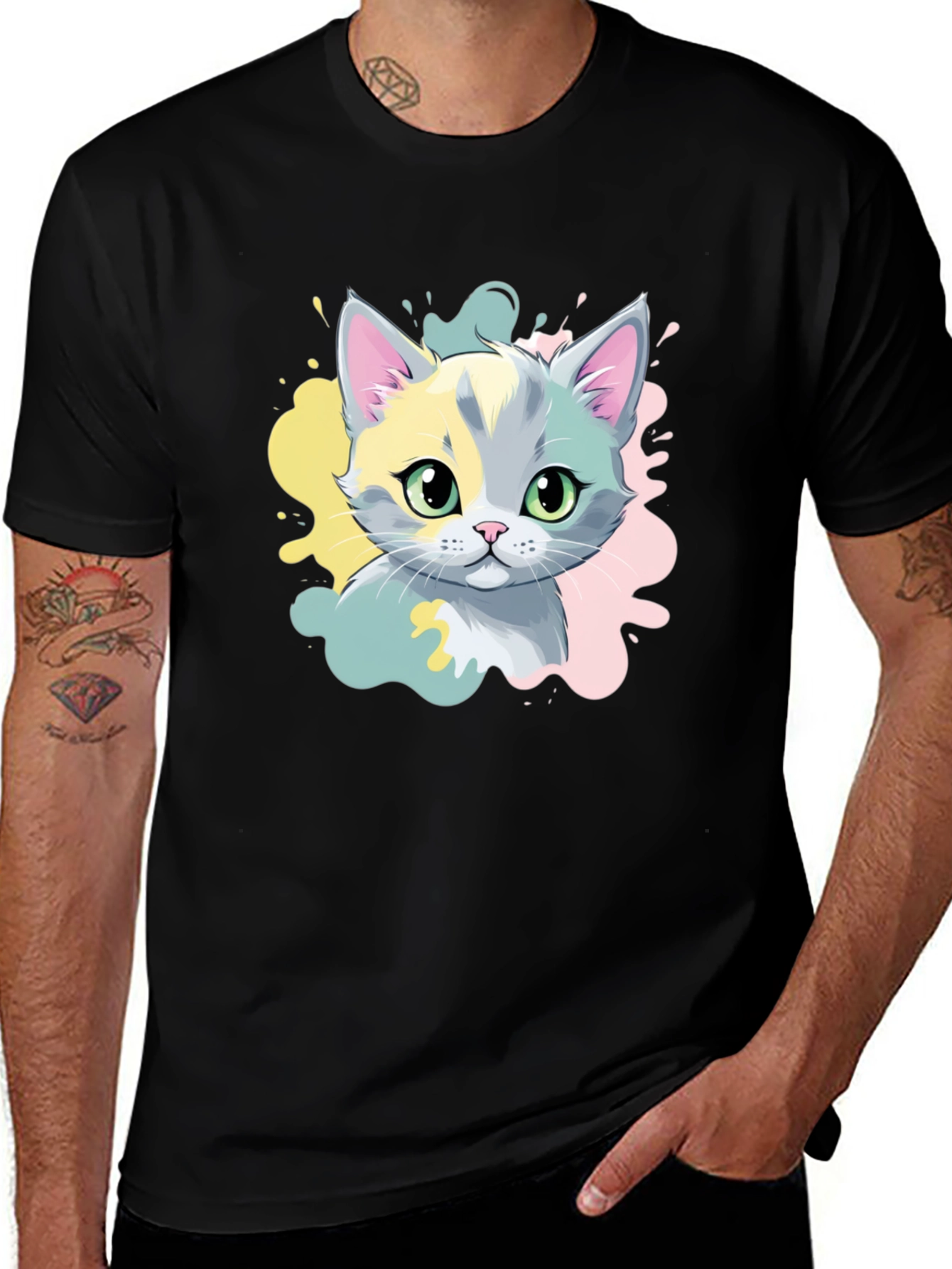 Variant 10 of Cute Cat Graphic Print Black T-Shirt