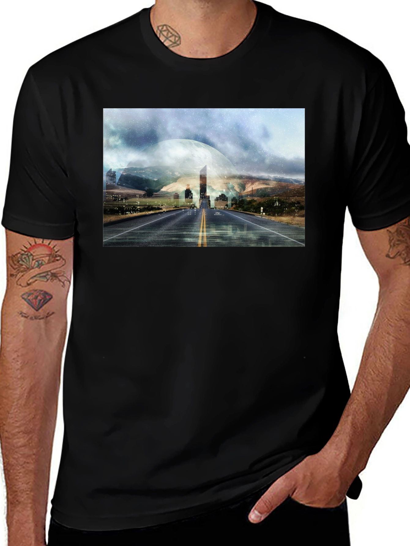 Variant 23 of Urban Nightscape Graphic Tee - Black Cotton Blend