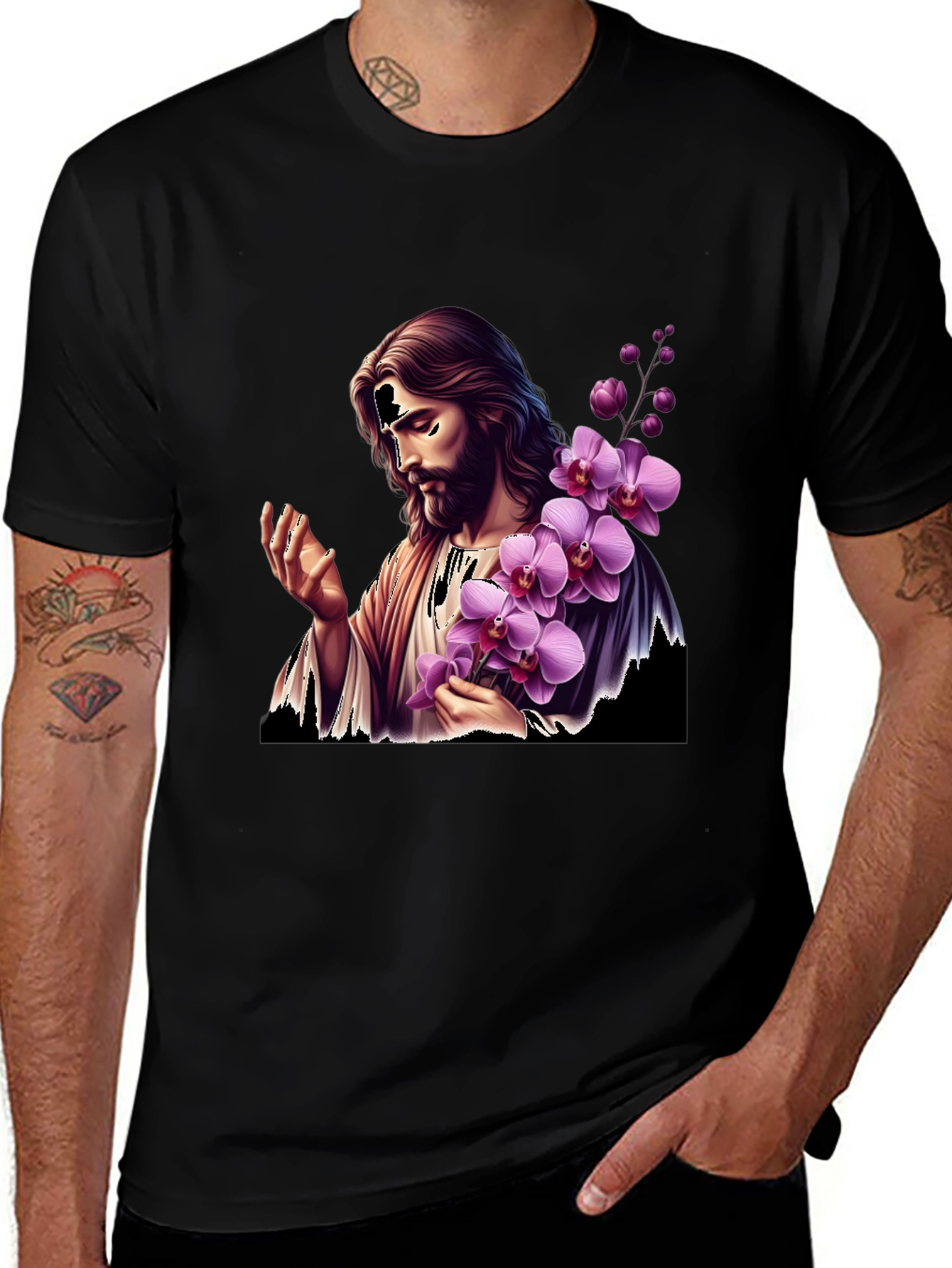 Jesus and Orchids Graphic Print Black T-Shirt