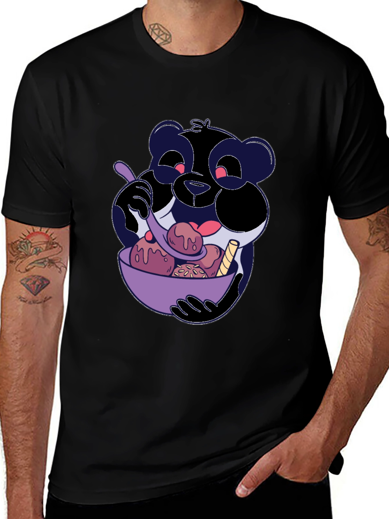 Variant 15 of Cartoon Panda Eating Ice Cream Black T-Shirt