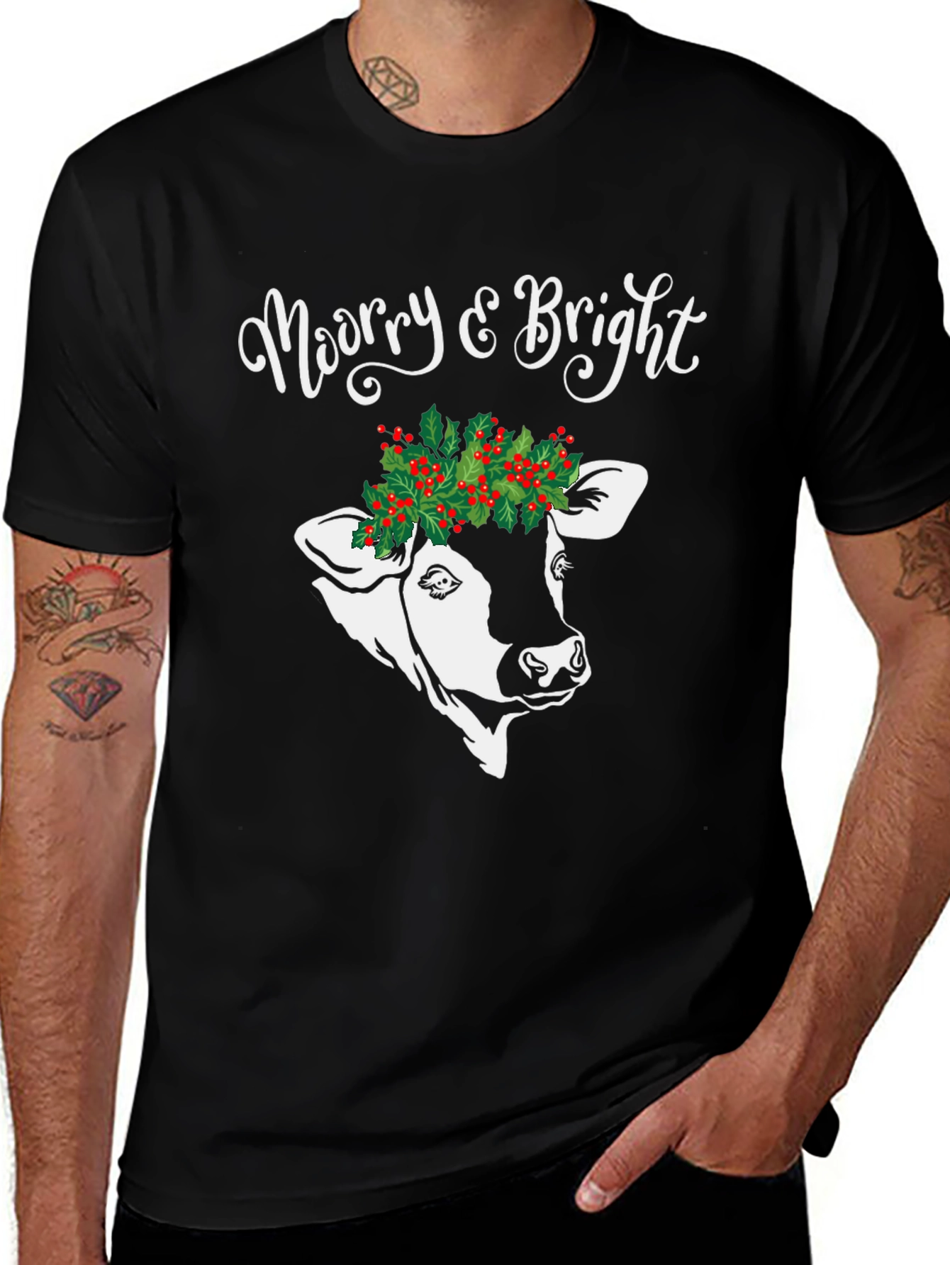 Variant 9 of Merry & Bright Cow Christmas Graphic Tee