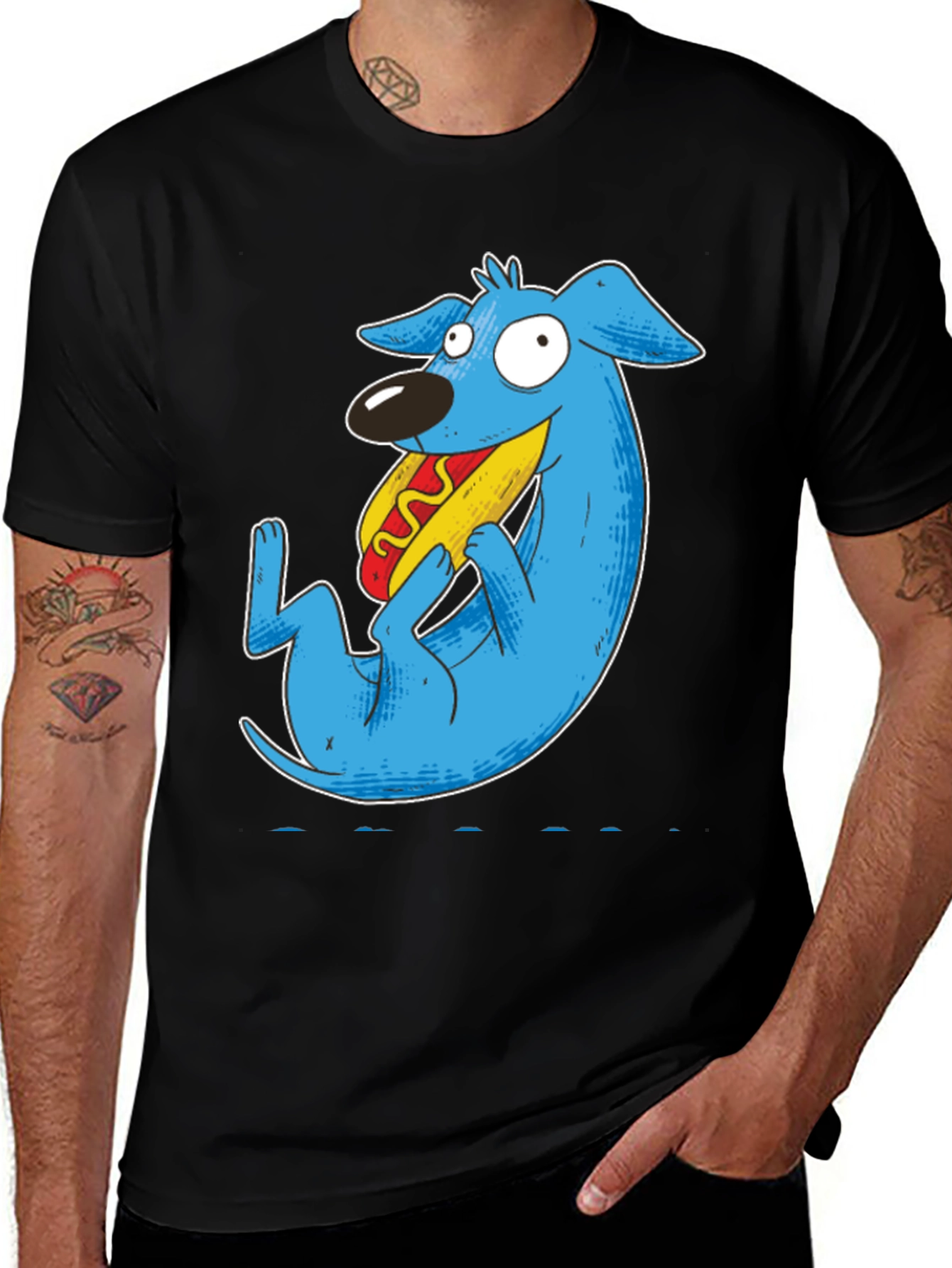 Variant 5 of Cartoon Blue Dog Eating Hotdog Black T-Shirt