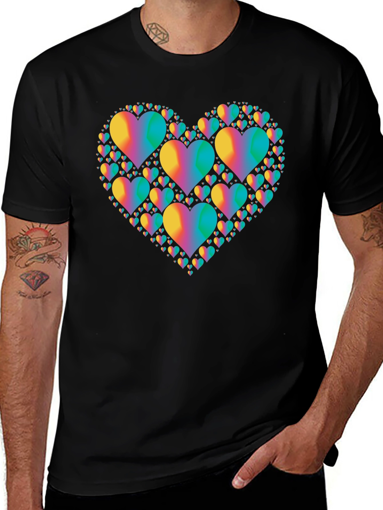Variant 27 of Rainbow Heart Cluster Graphic Tee - Black Cotton T-Shirt