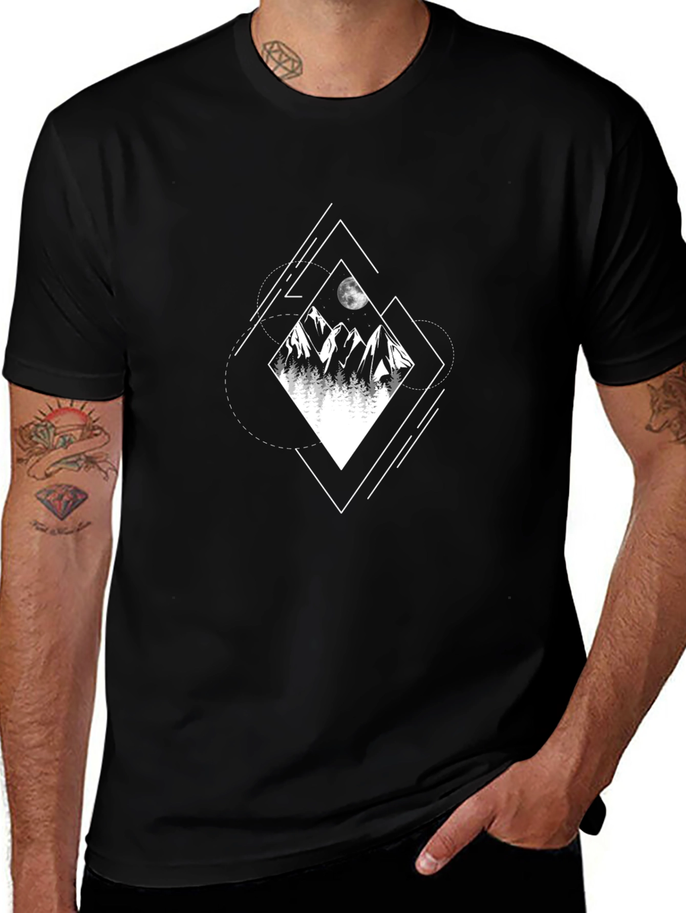 Variant 5 of Geometric Mountain Scene Black T-Shirt