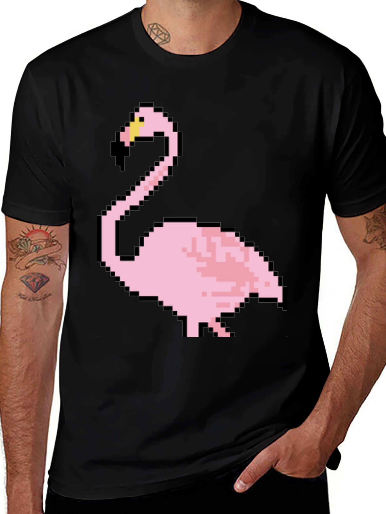 Variant 18 of Pixel Flamingo Graphic Tee - Black Cotton T-Shirt