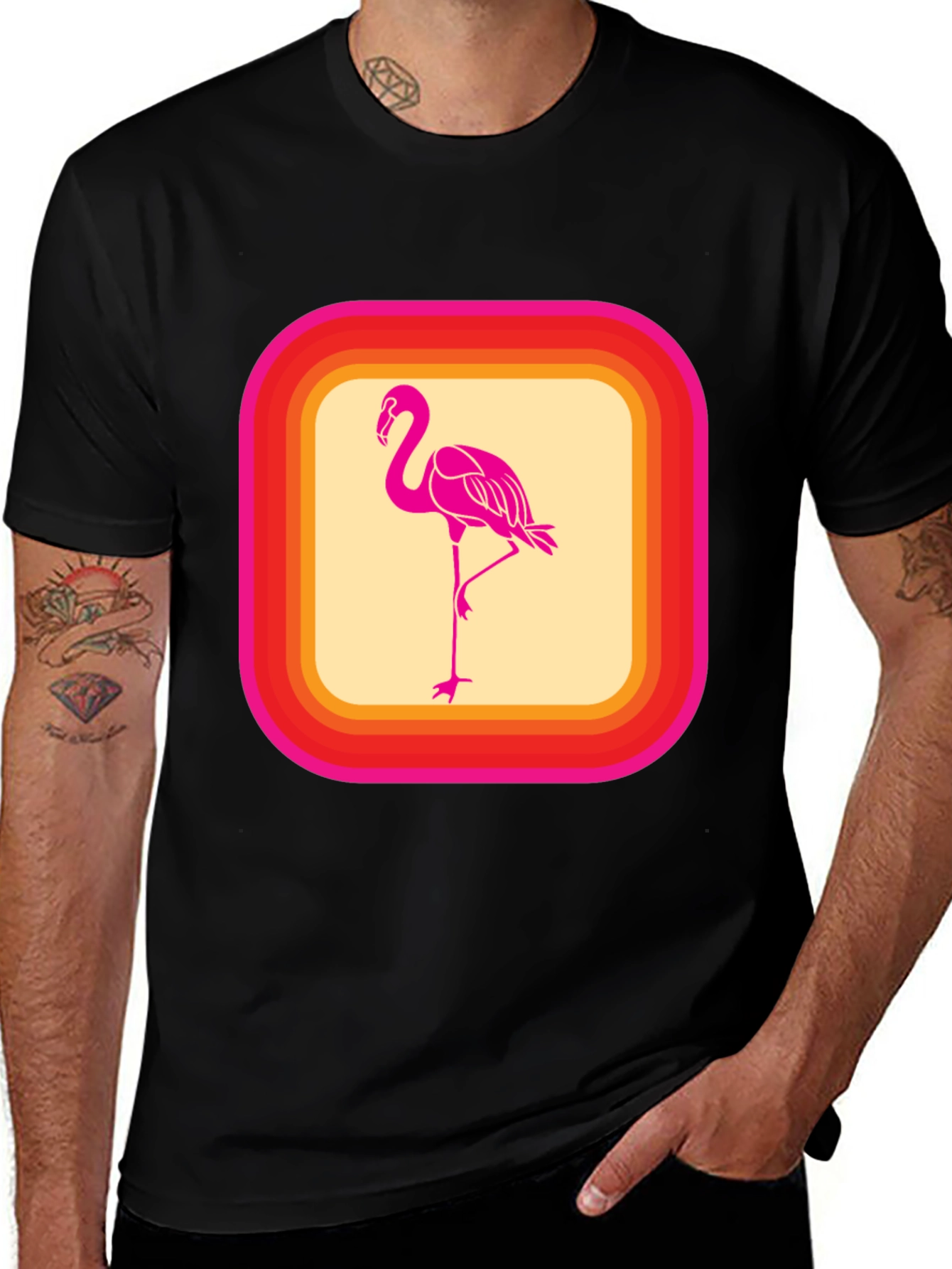 Variant 15 of Retro Flamingo Graphic Tee - Black Cotton Shirt