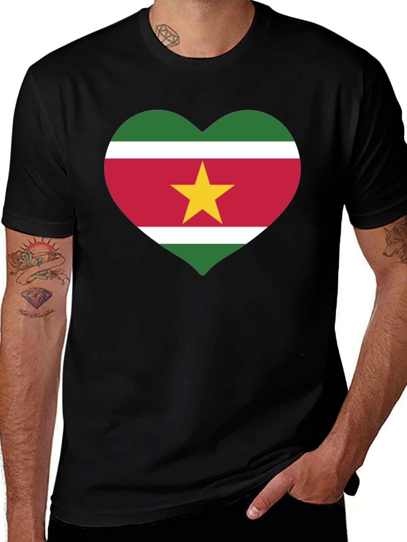 Suriname Flag Heart Graphic Black T-Shirt
