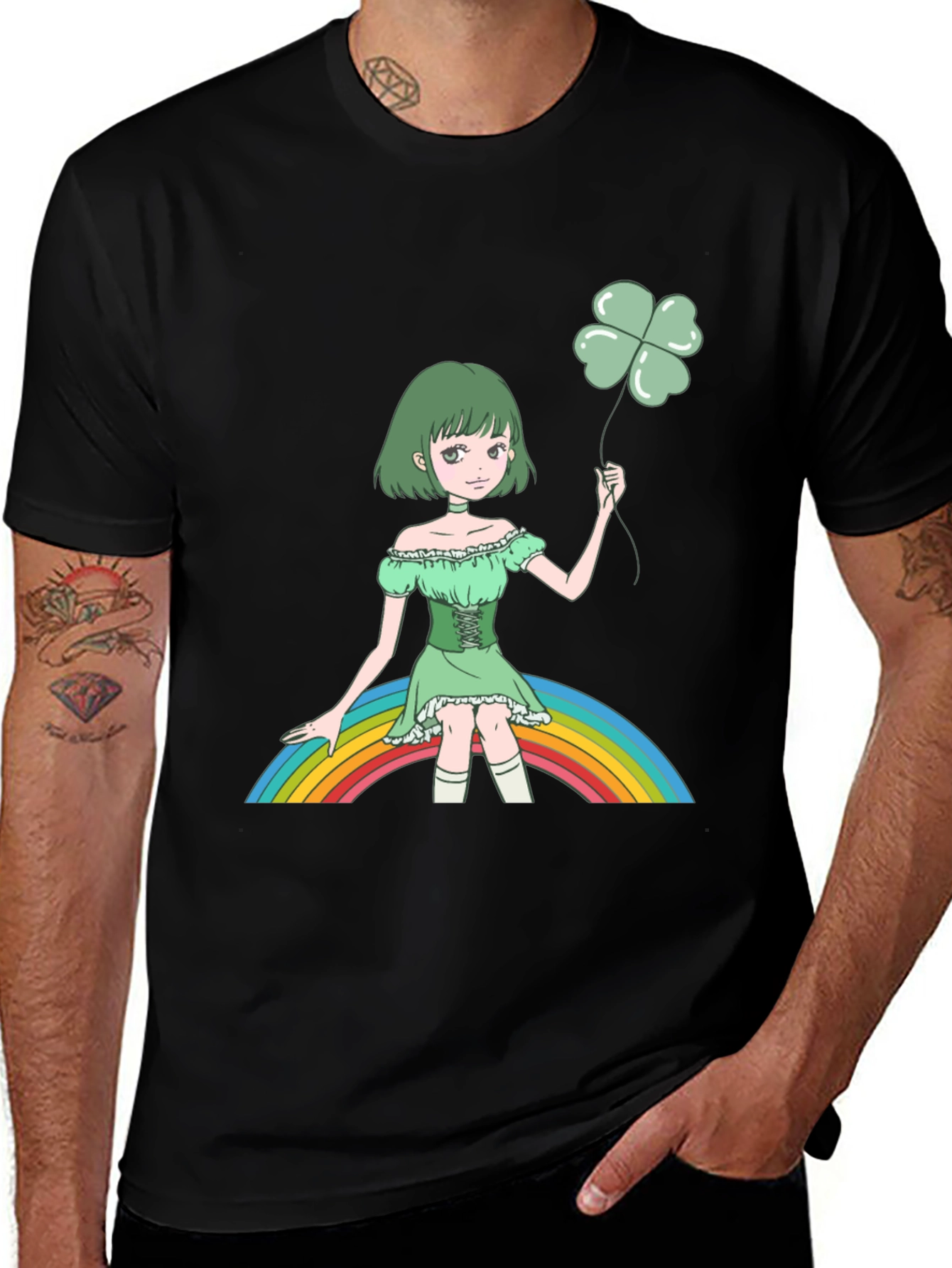 Anime Girl Clover Rainbow Black T-Shirt