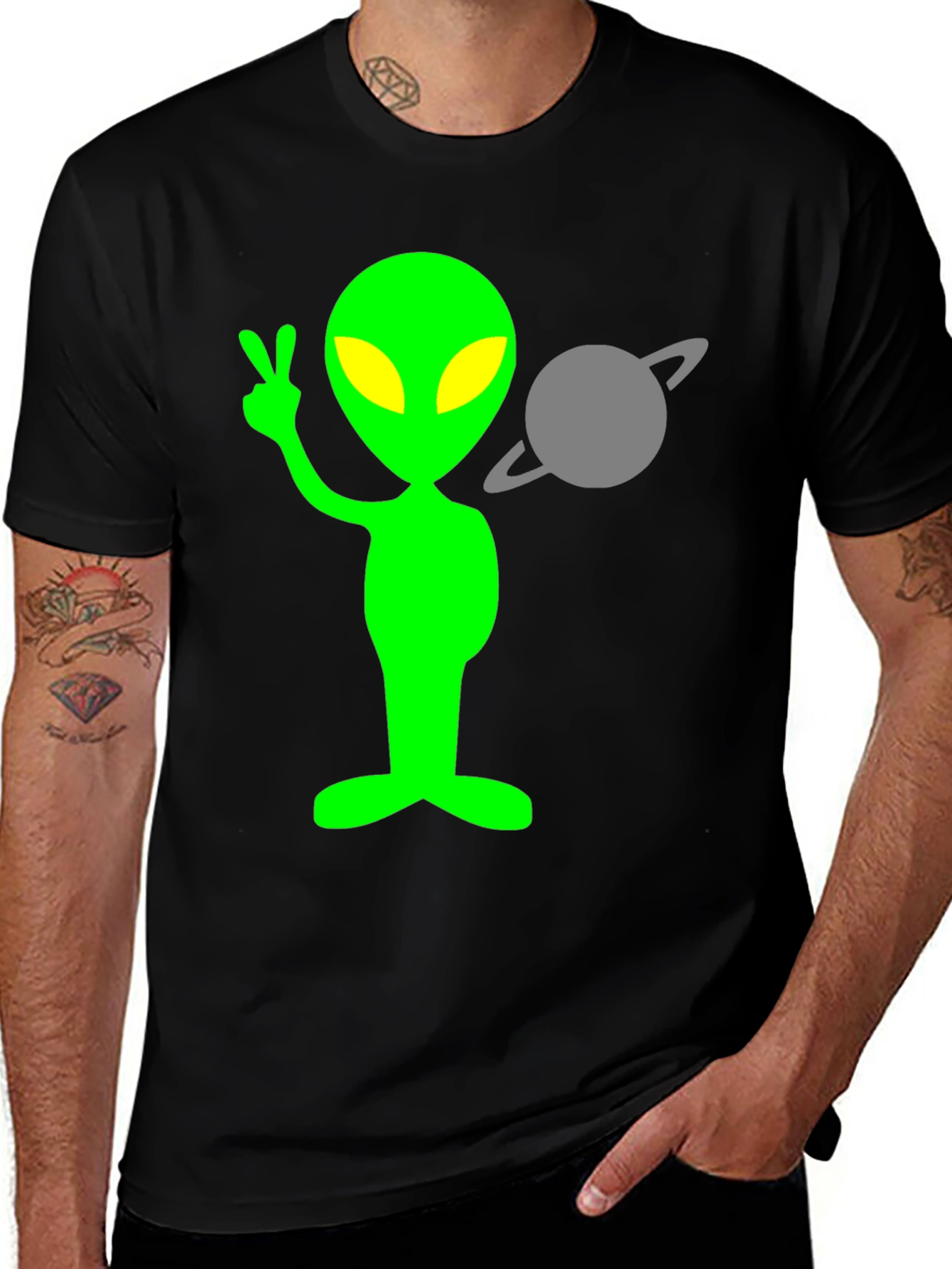Variant 2 of Alien Peace Sign T-Shirt - Black Cotton