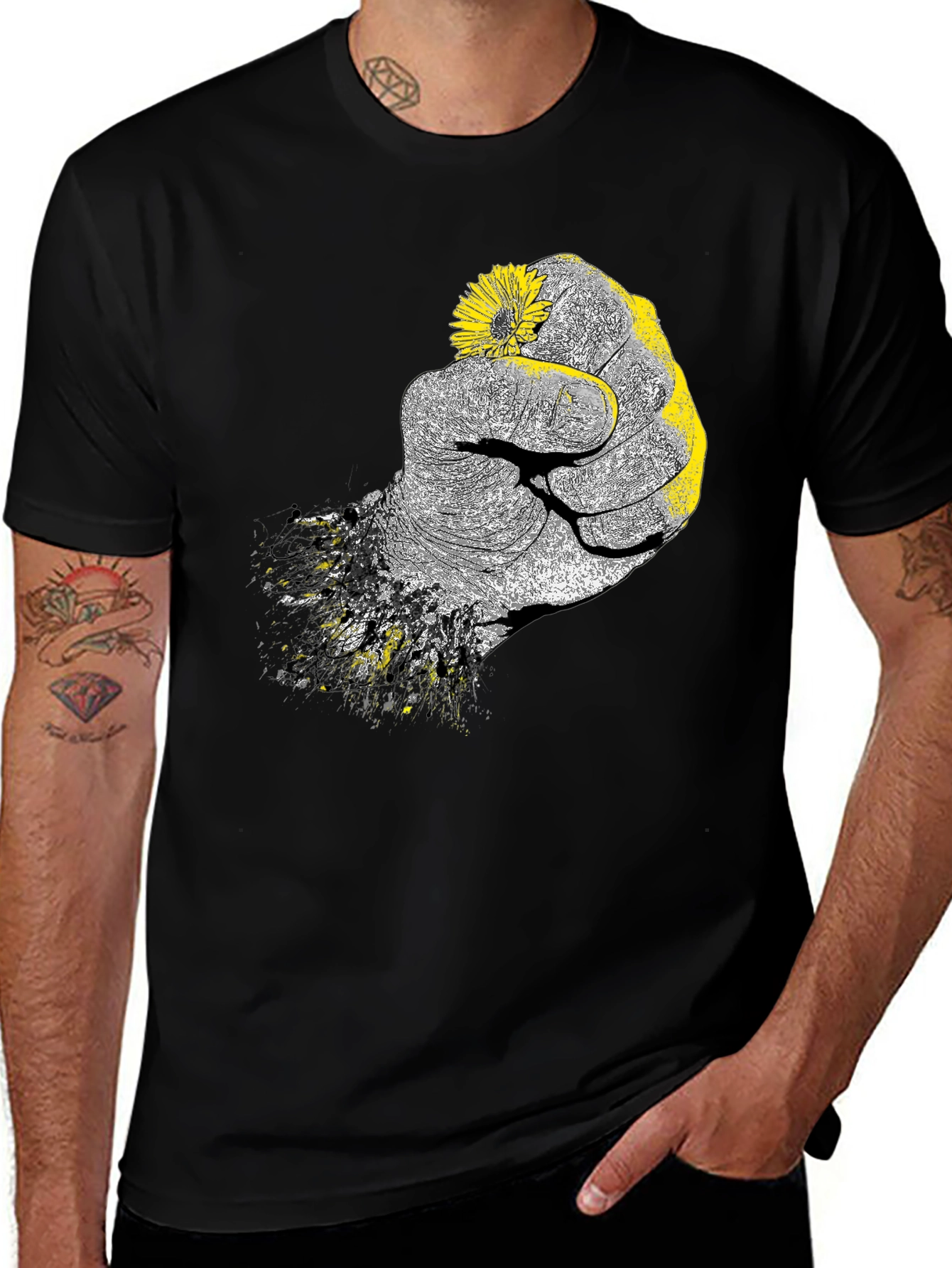 Variant 23 of Fist Holding Flower Graphic Tee - Black Cotton T-Shirt