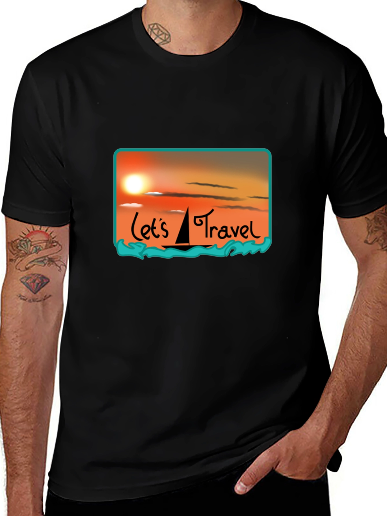 Variant 8 of Let's Travel T-Shirt: Sunset Sailboat Design