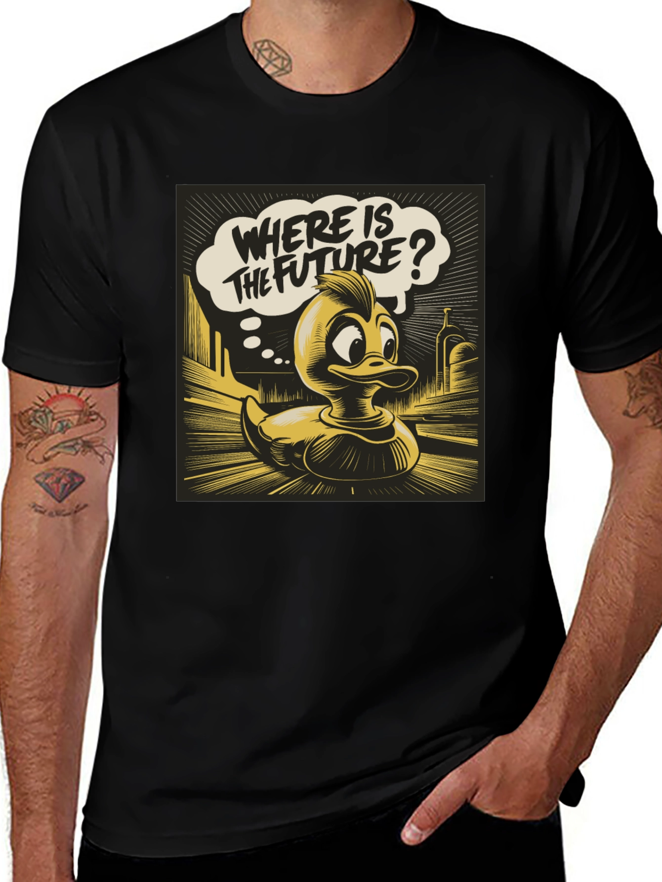 Variant 23 of Retro Duck Where is the Future? Black Graphic Tee