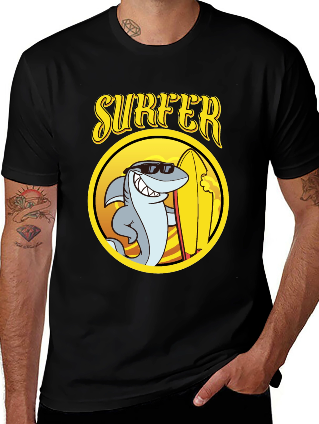 Variant 18 of Cool Shark Surfer Graphic Tee - Black Cotton T-Shirt