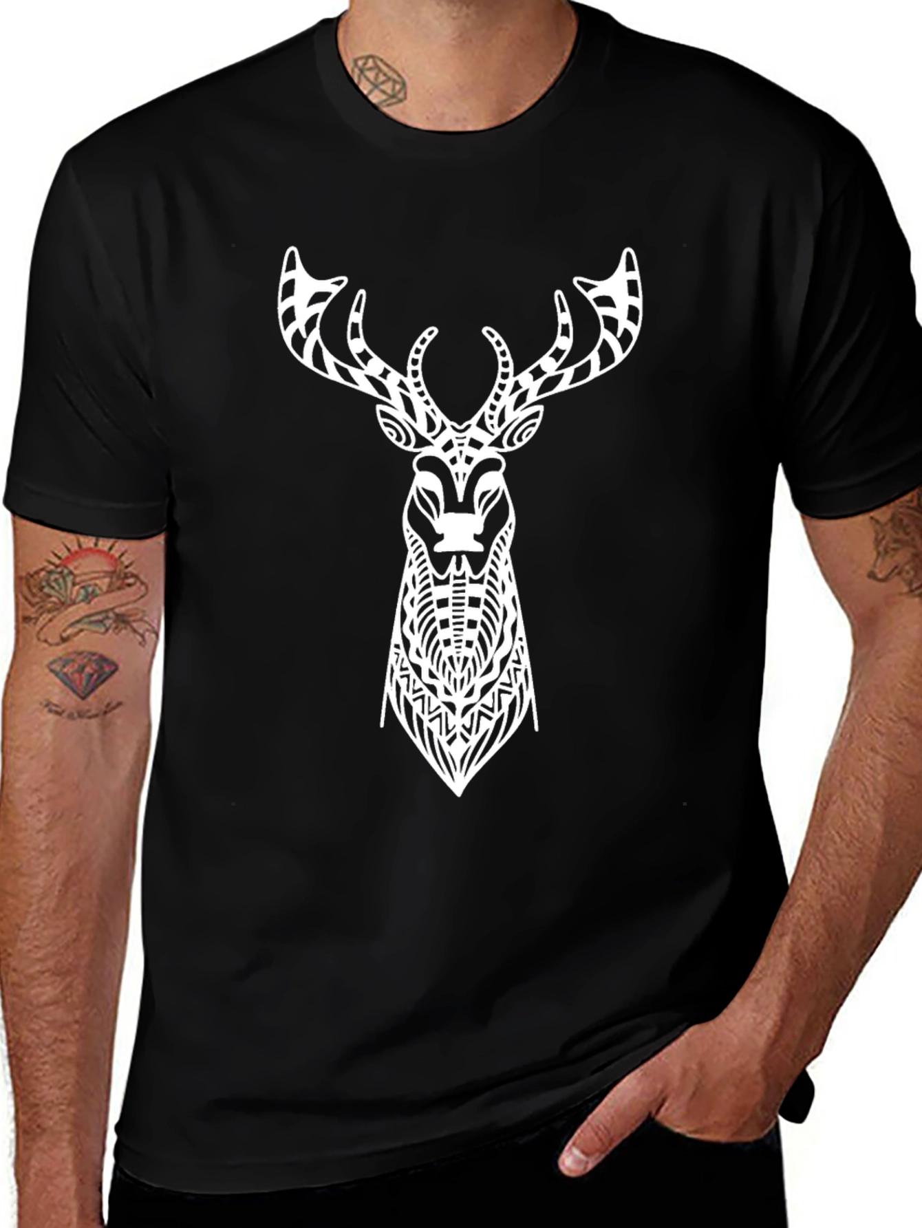 Black Tribal Deer Graphic Tee - Men's Black T-Shirt main image