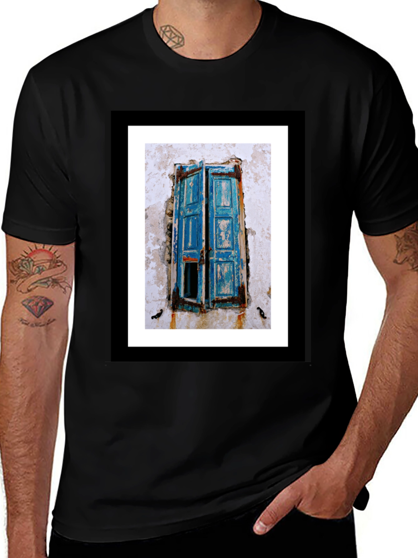 Variant 16 of Vintage Blue Window Print Black T-Shirt