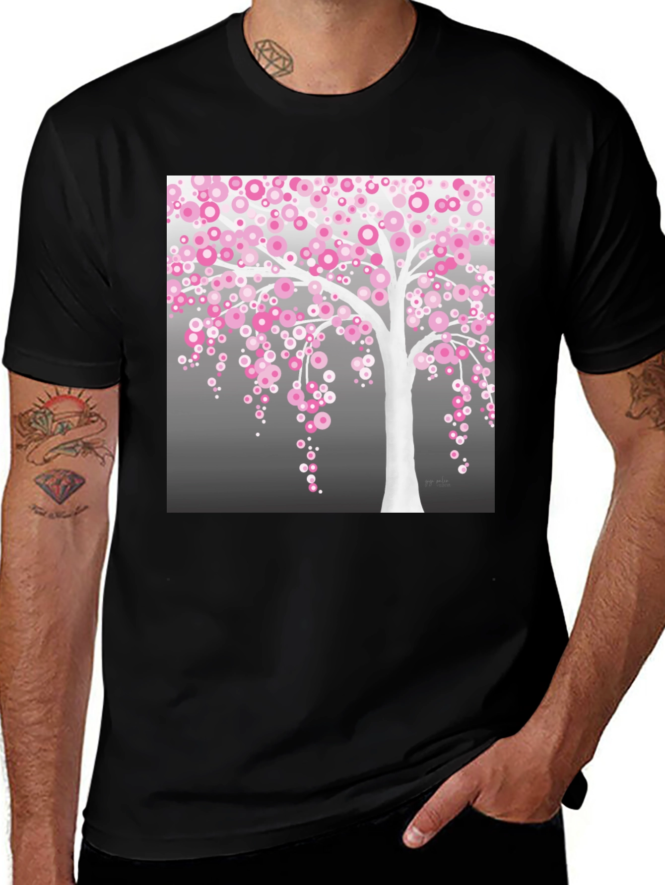 Variant 26 of Pink Blossom Tree Graphic Black T-Shirt