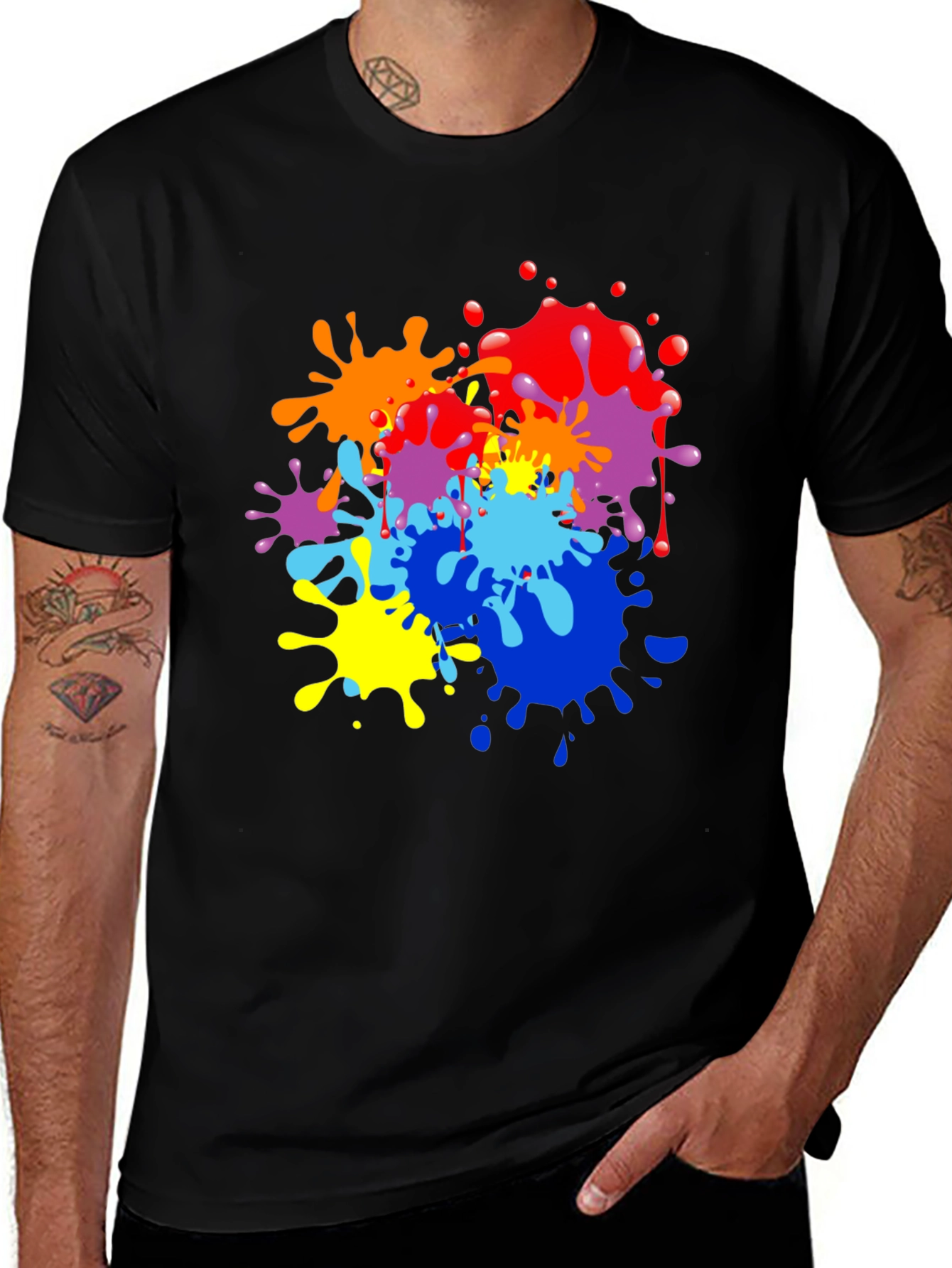 Variant 27 of Men's Black T-Shirt with Colorful Paint Splatter Design