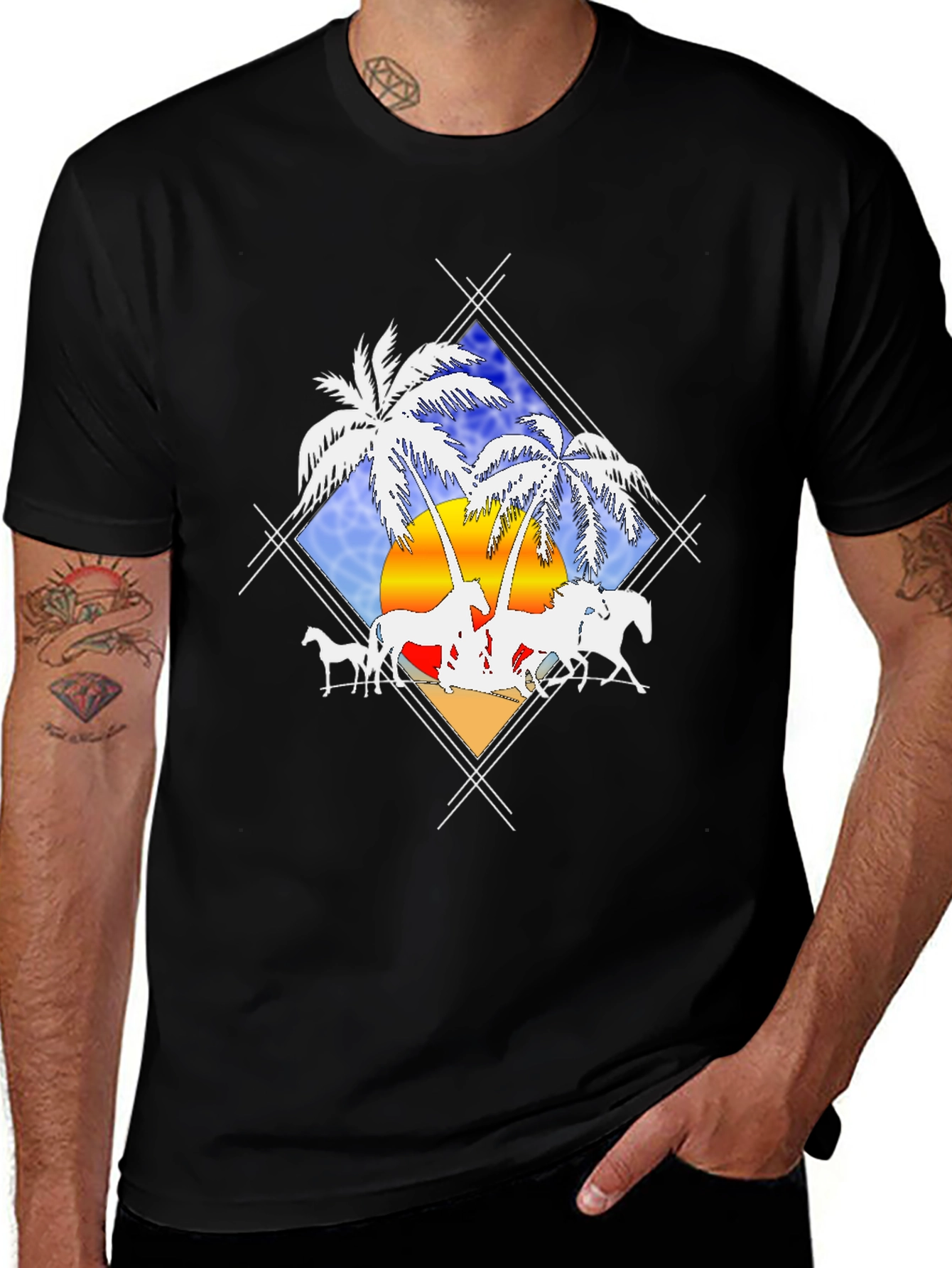 Tropical Horses Black T-Shirt