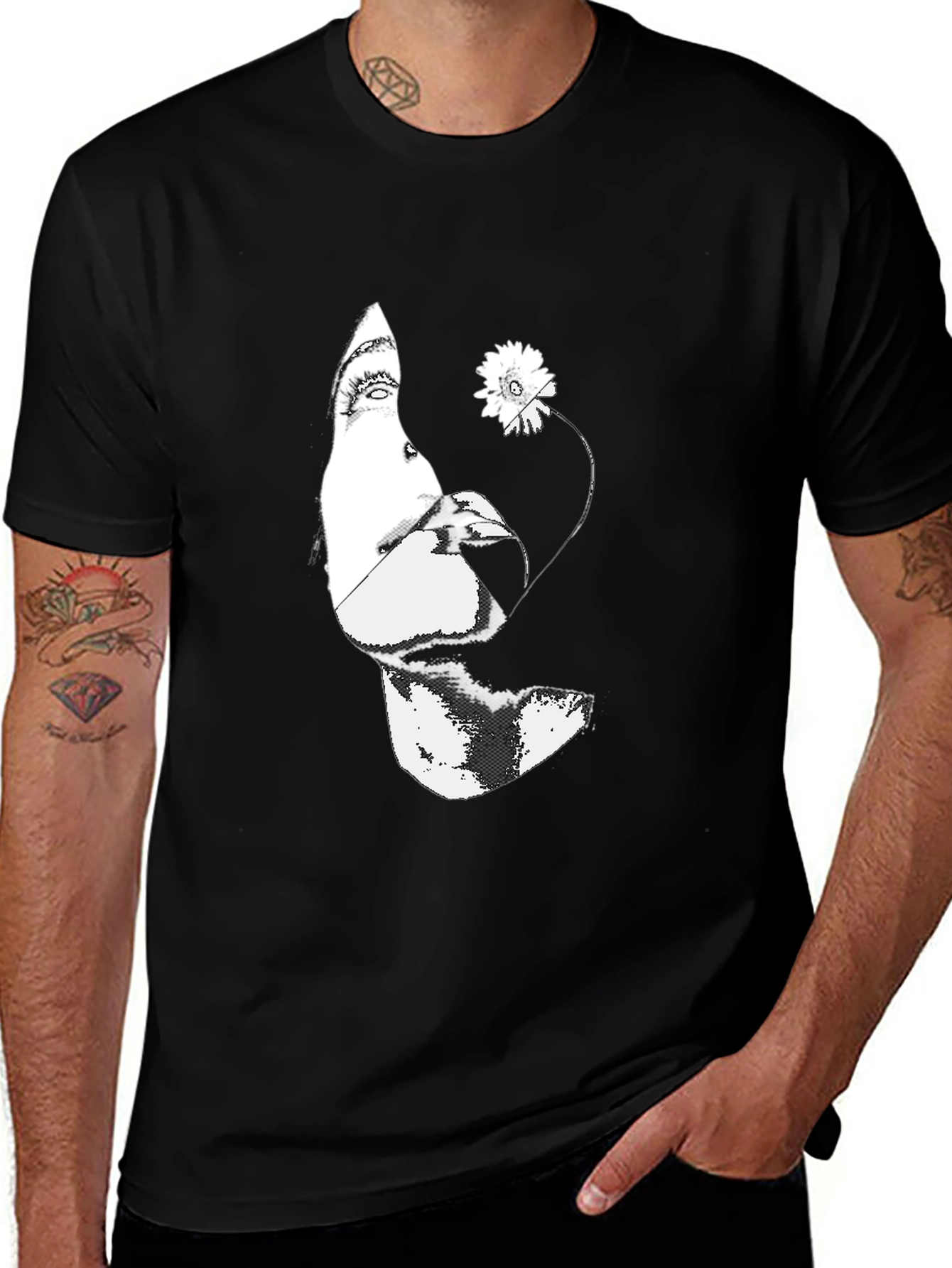 Variant 22 of Black Graphic Tee - Abstract Face & Flower Print