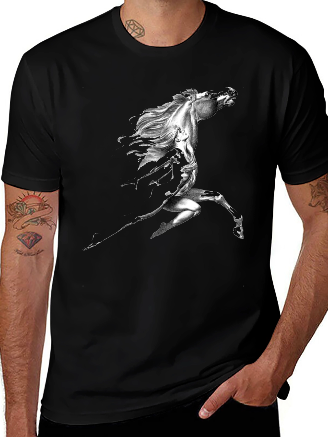 Variant 8 of Black Graphic Tee: Horse and Woman Design