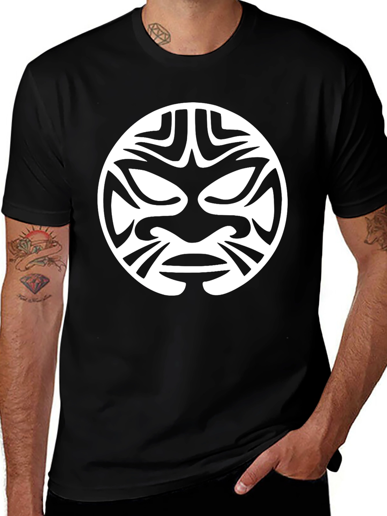 Variant 21 of Tribal Mask Graphic Tee - Black Cotton T-Shirt
