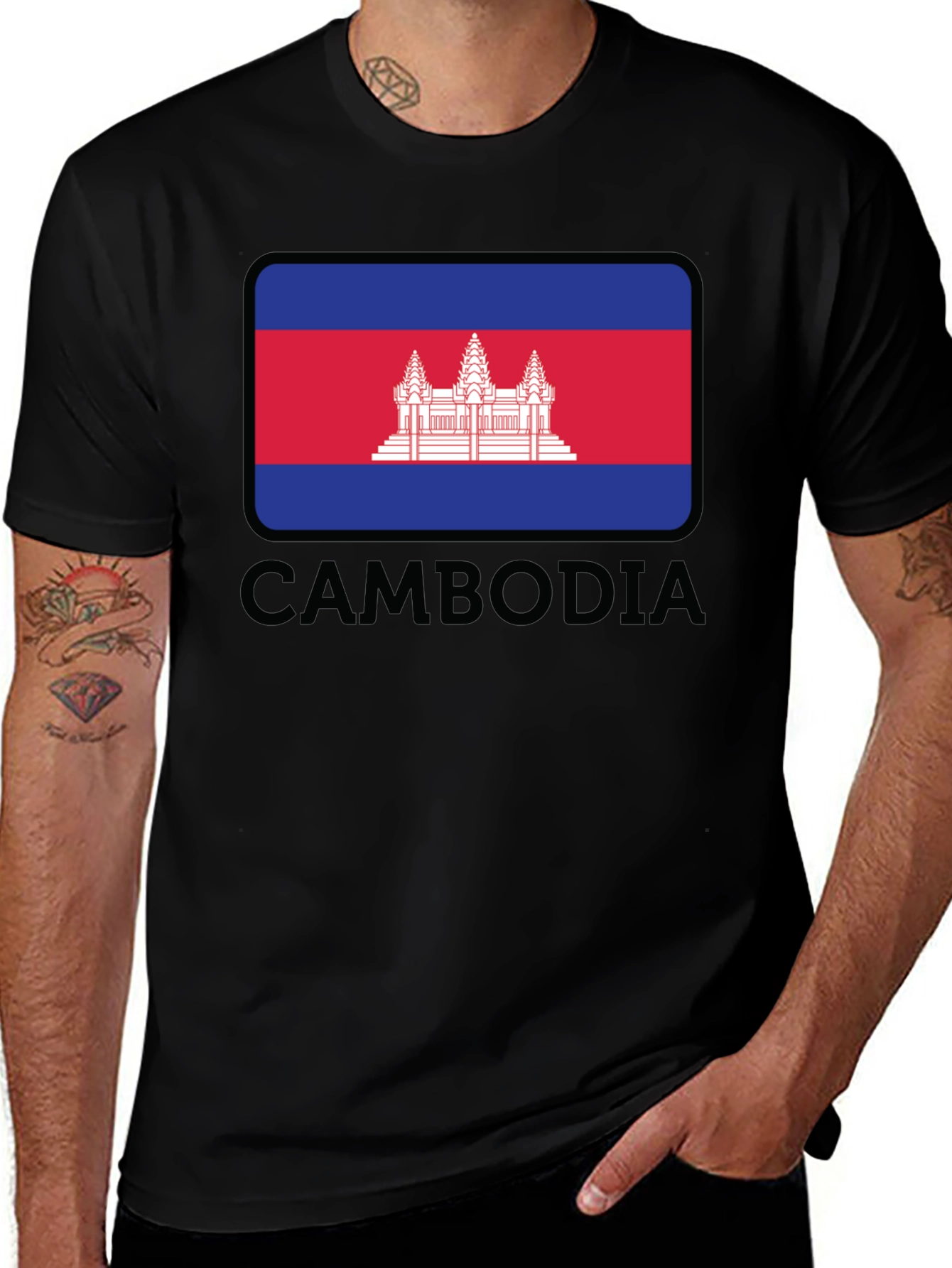 Variant 26 of Cambodia Flag T-Shirt - Black Crew Neck Tee