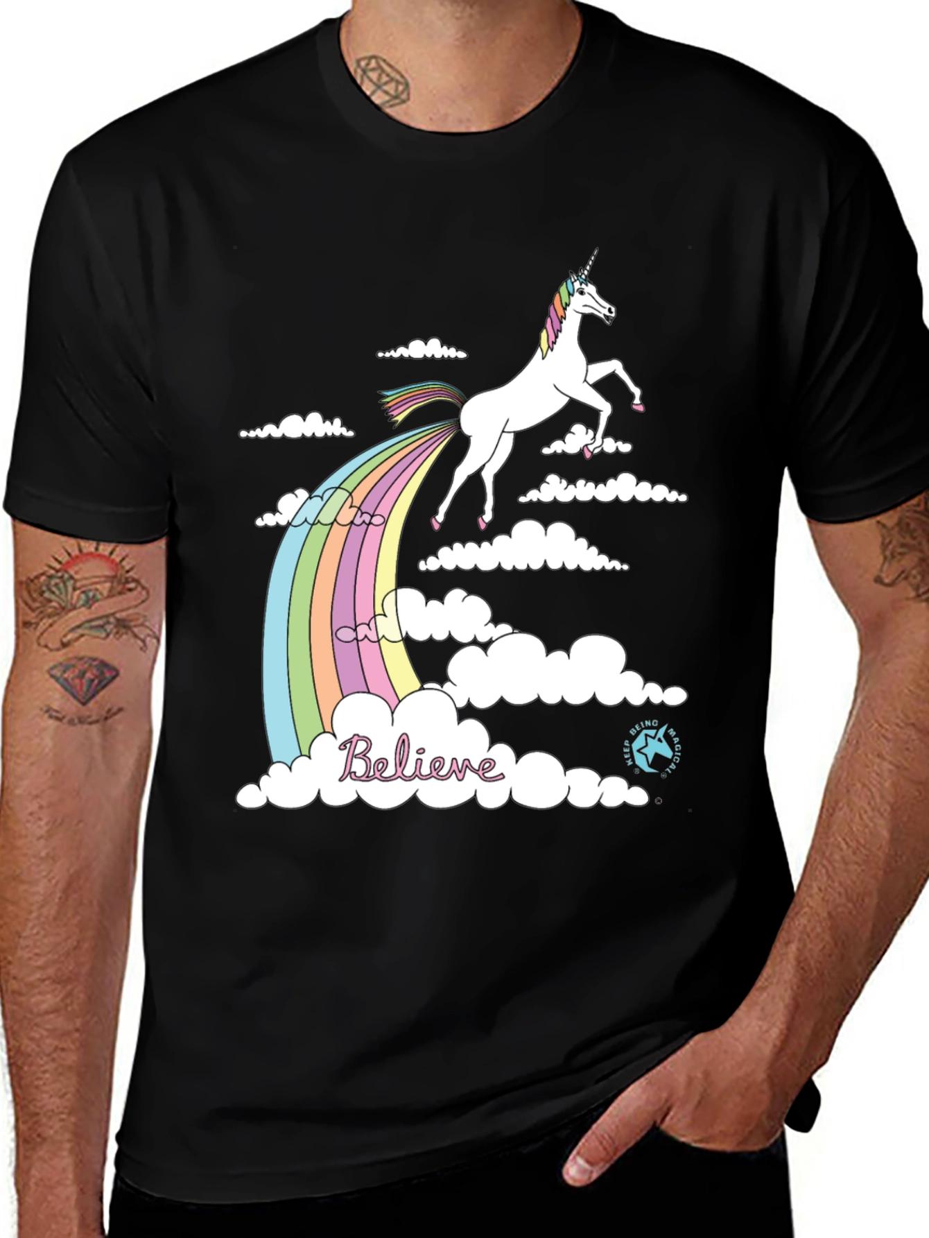 Variant 15 of Unicorn Rainbow Believe Graphic Tee - Black