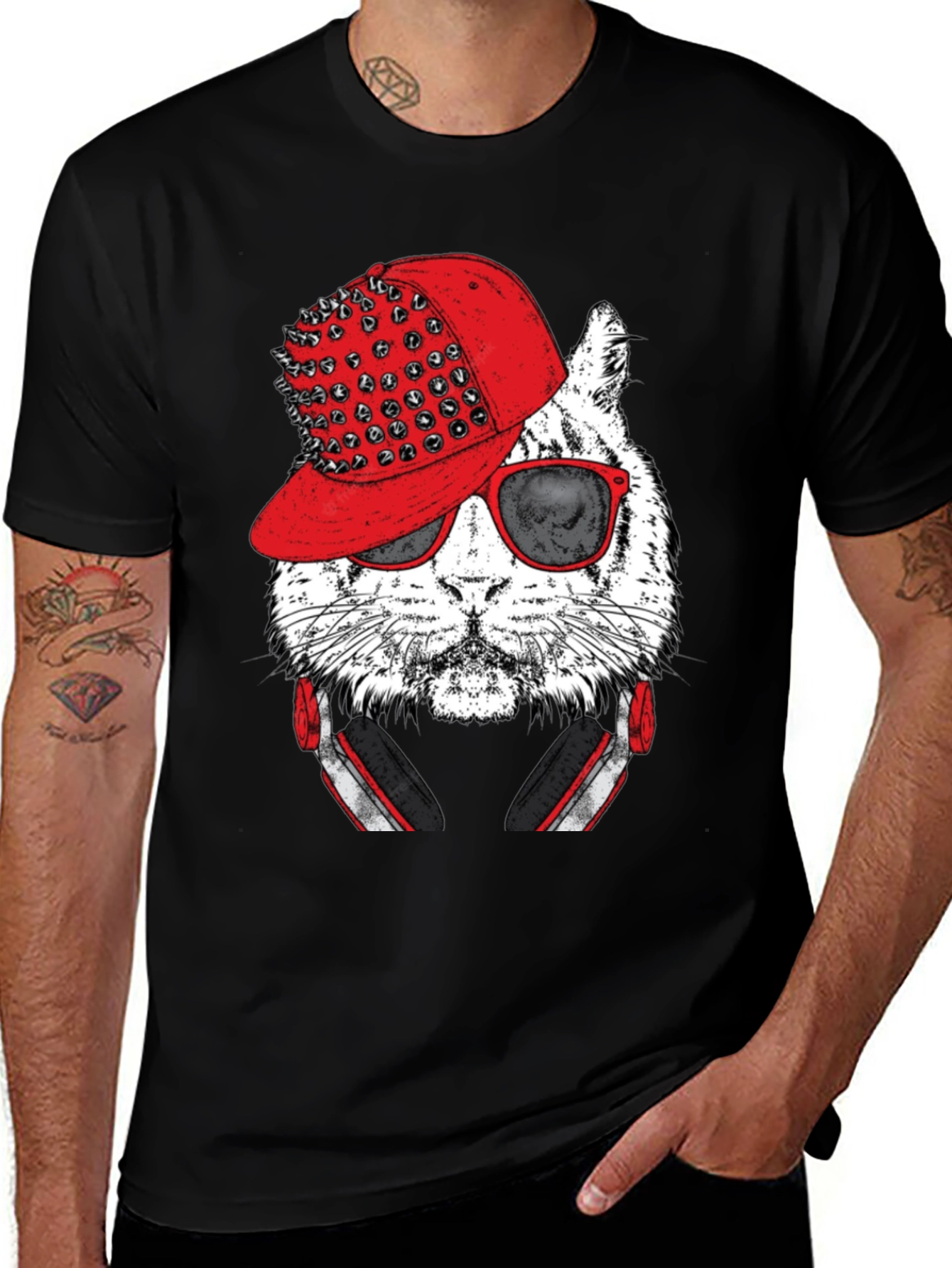 Variant 10 of Cool Cat Graphic Tee - Red Hat & Headphones