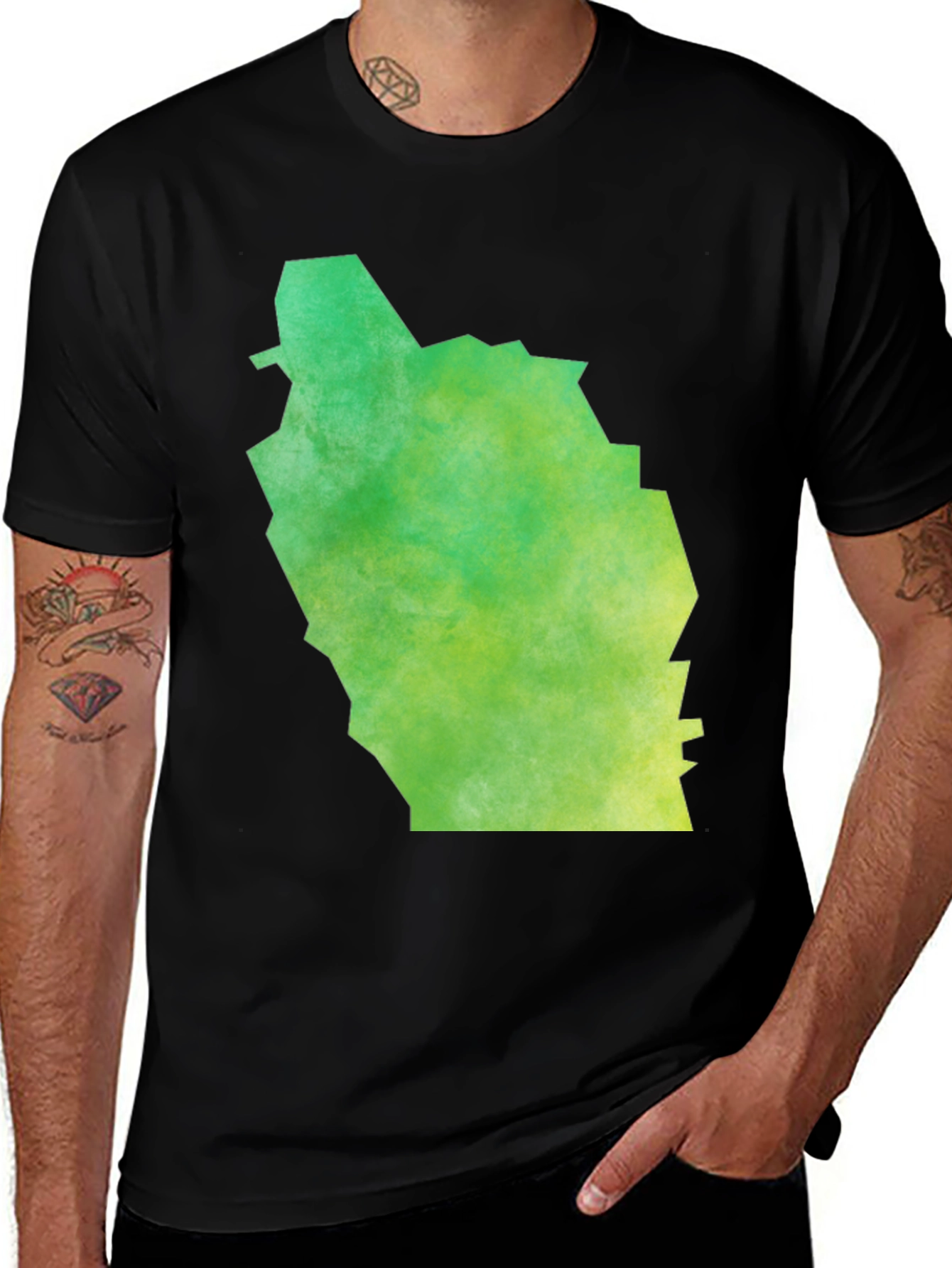 Variant 16 of Green Watercolor Map Graphic Black T-Shirt