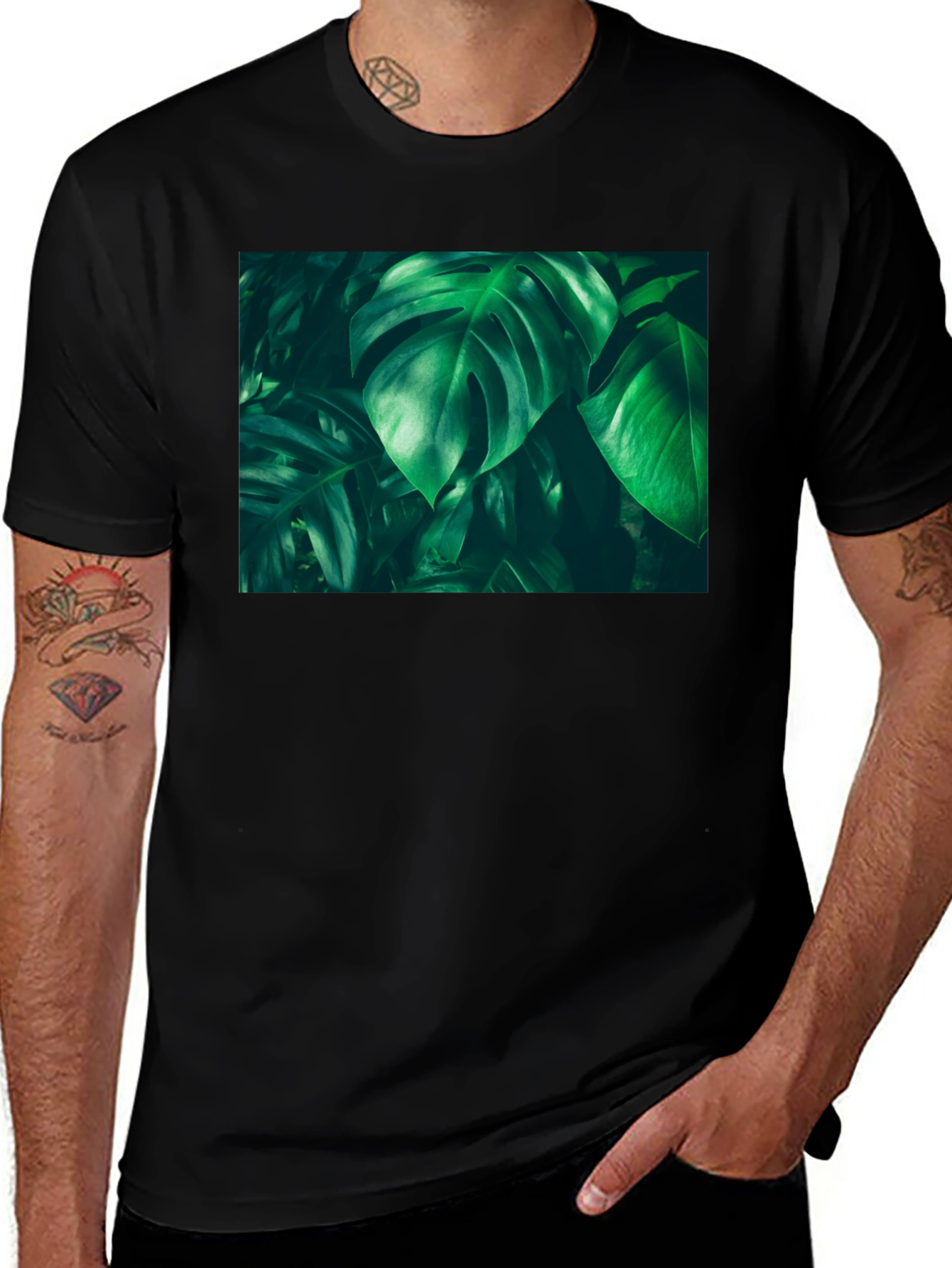 Variant 4 of Tropical Leaf Print Black T-Shirt