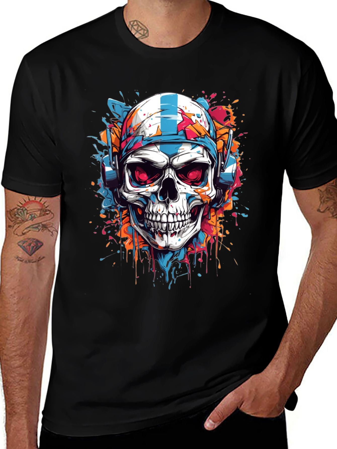 Variant 8 of Skull Graphic Tee - DJ Skull with Headphones