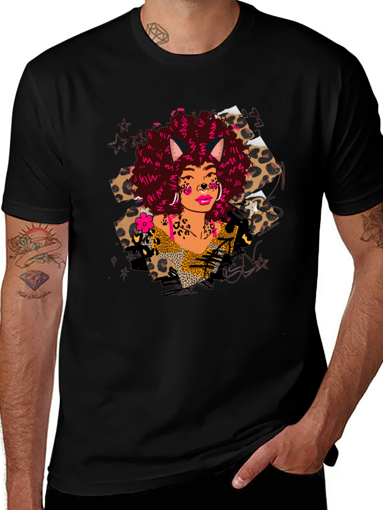 Variant 19 of Leopard Print T-Shirt with Afro Cat Lady Design