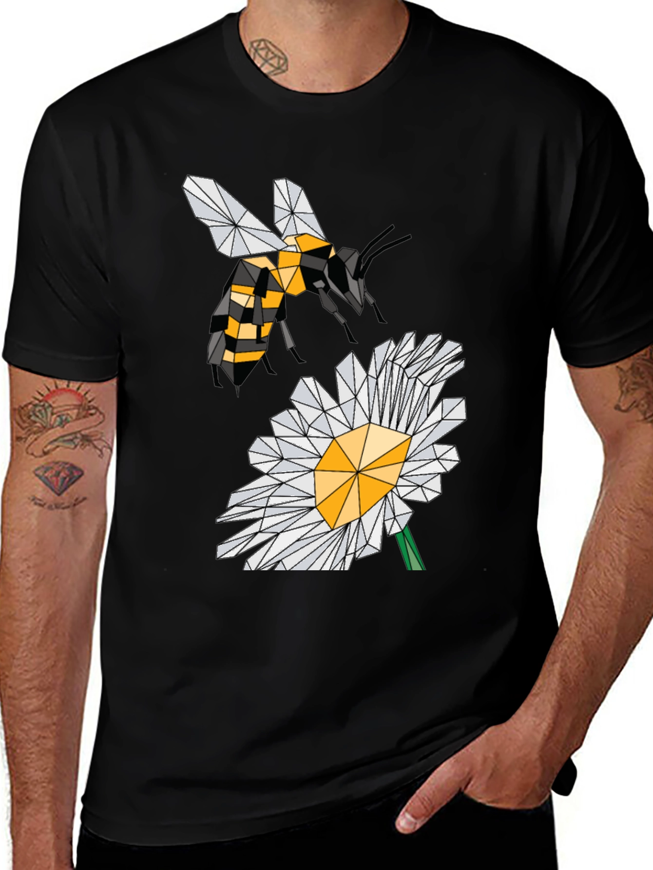 Black Geometric Bee & Daisy Black T-Shirt main image