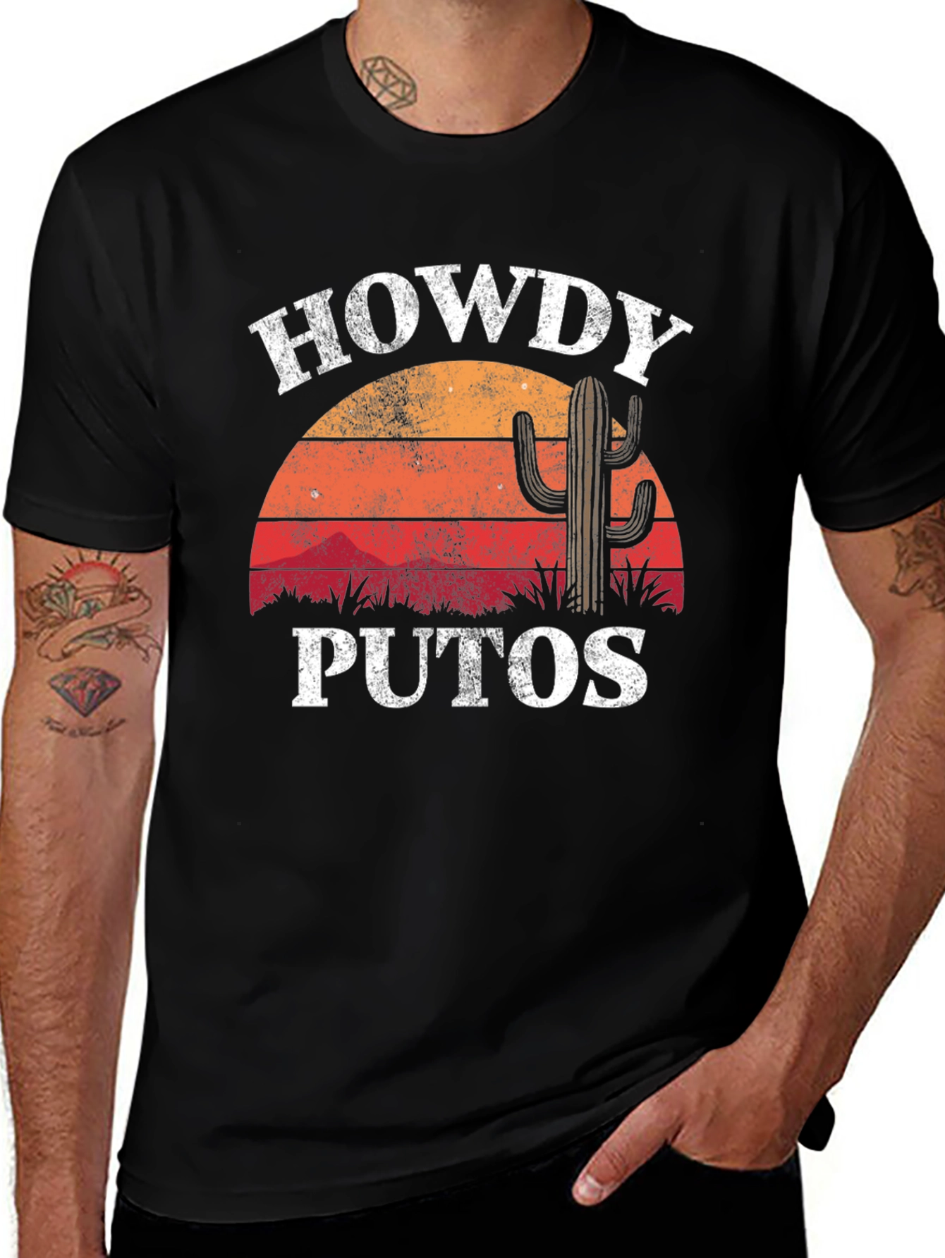 Variant 17 of Howdy Puto T-Shirt: Retro Sunset Cactus Graphic Tee
